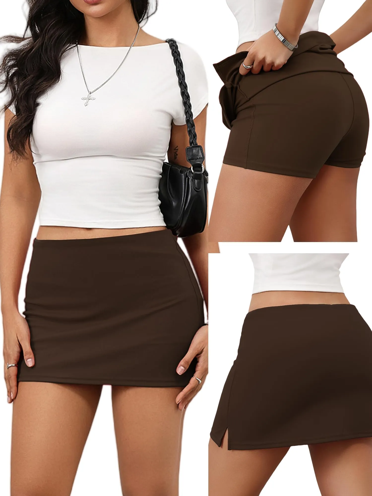Danysu Gonna Mini Elasticizzata a Vita Bassa con Pantaloncini e Spacco Laterale, Marrone, M - immagine 2