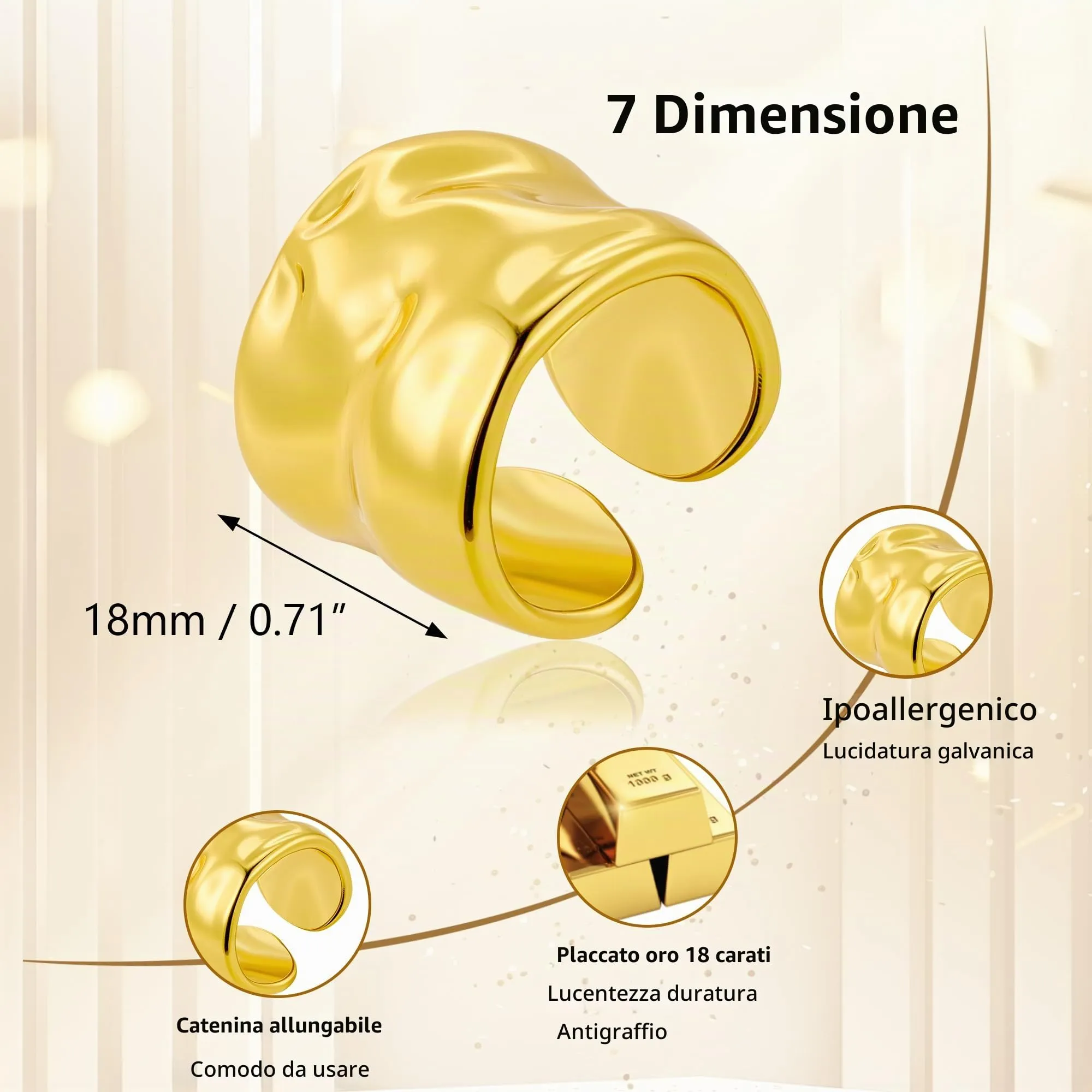 ALEXCRAFT Anelli Oro Chunky a Goccia Regolabili in Acciaio Inossidabile Unisex - immagine 5