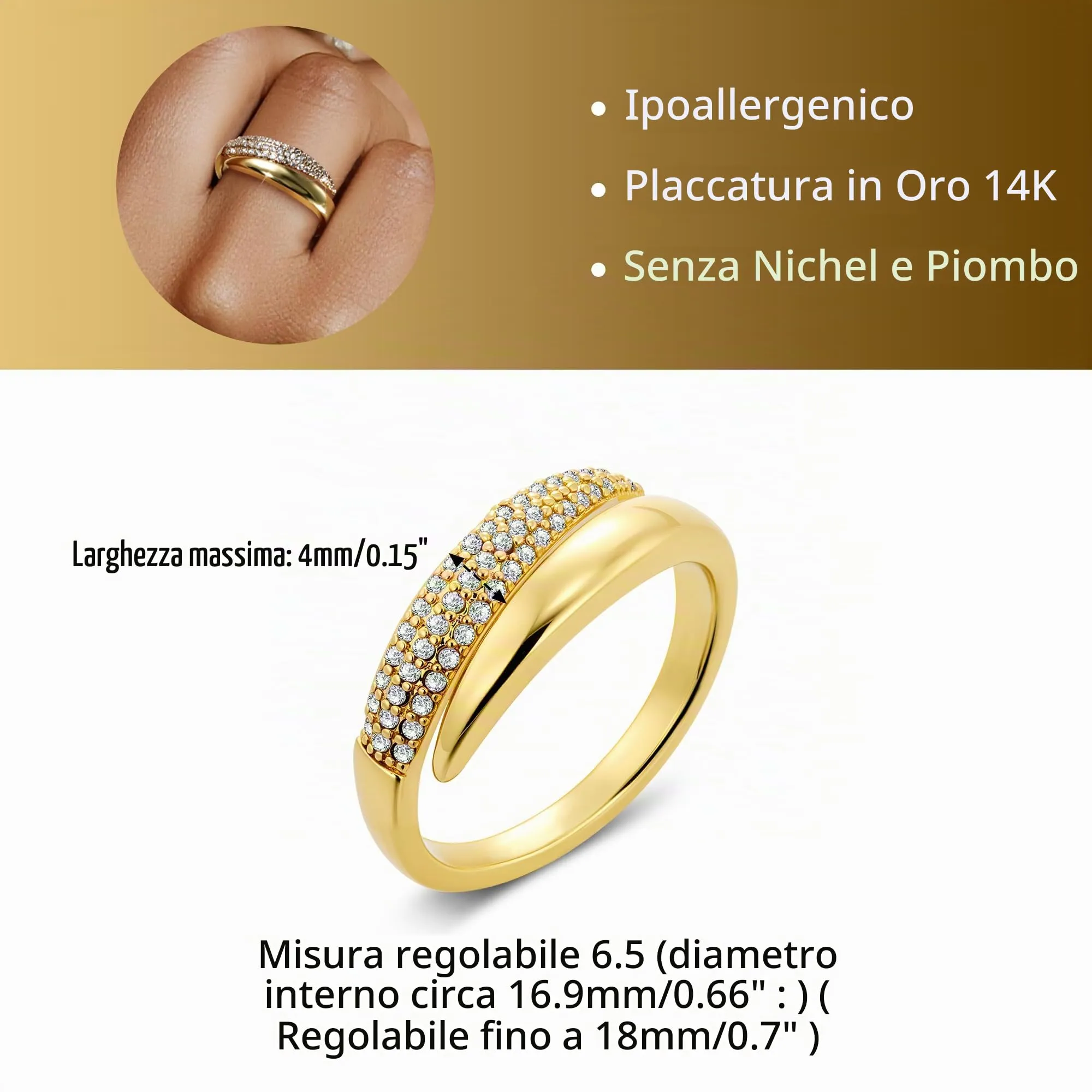 ALEXCRAFT Anelli Donna Oro Regolabili con Brillantino per Mignolo e Pollice, Acciaio Inossidabile Placcato 14k Oro, R0312 - immagine 5