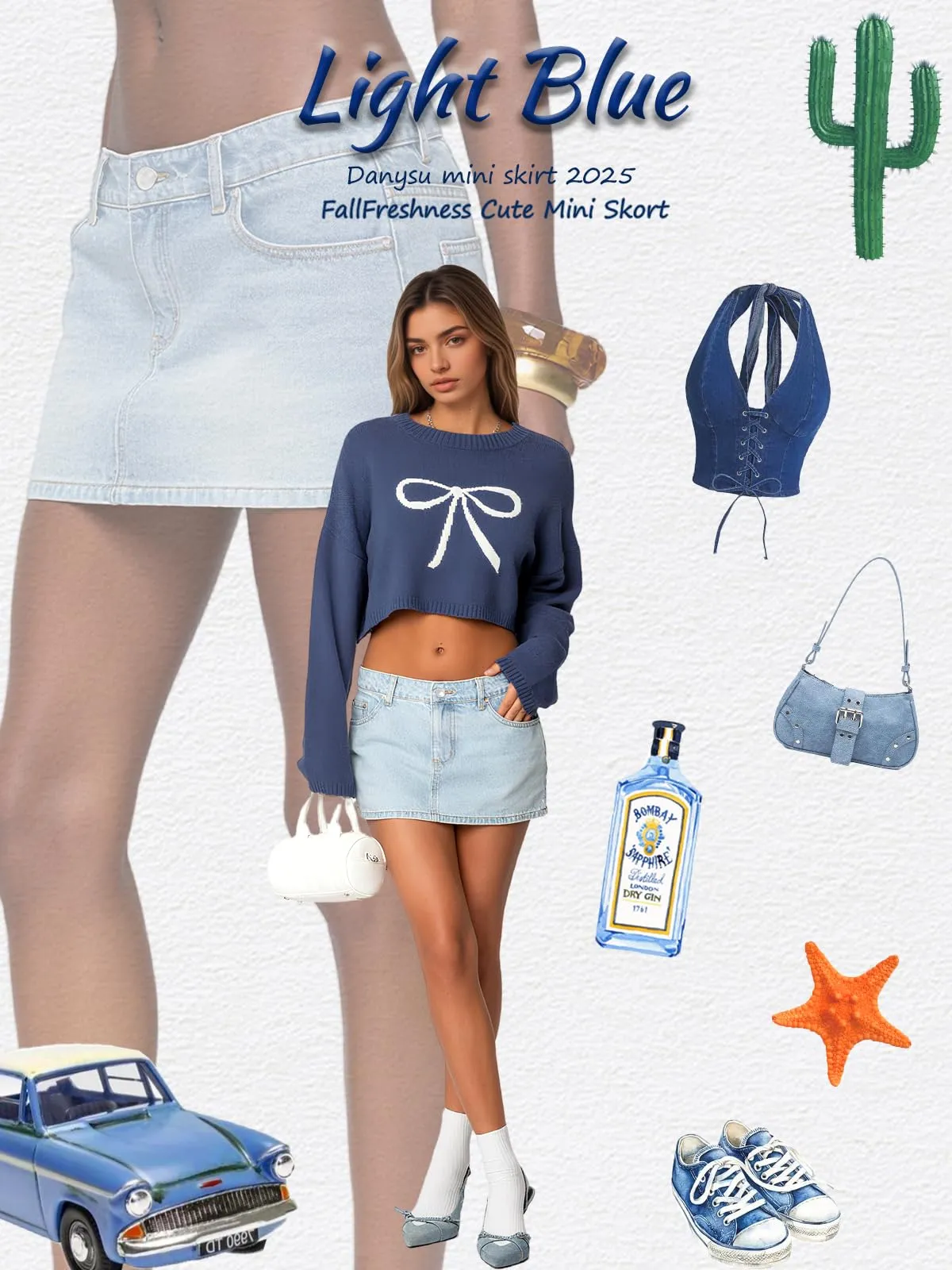 Danysu Gonna Mini Elasticizzata a Vita Bassa con Pantaloncini e Spacco Laterale, Azzurro chiaro, S - immagine 6