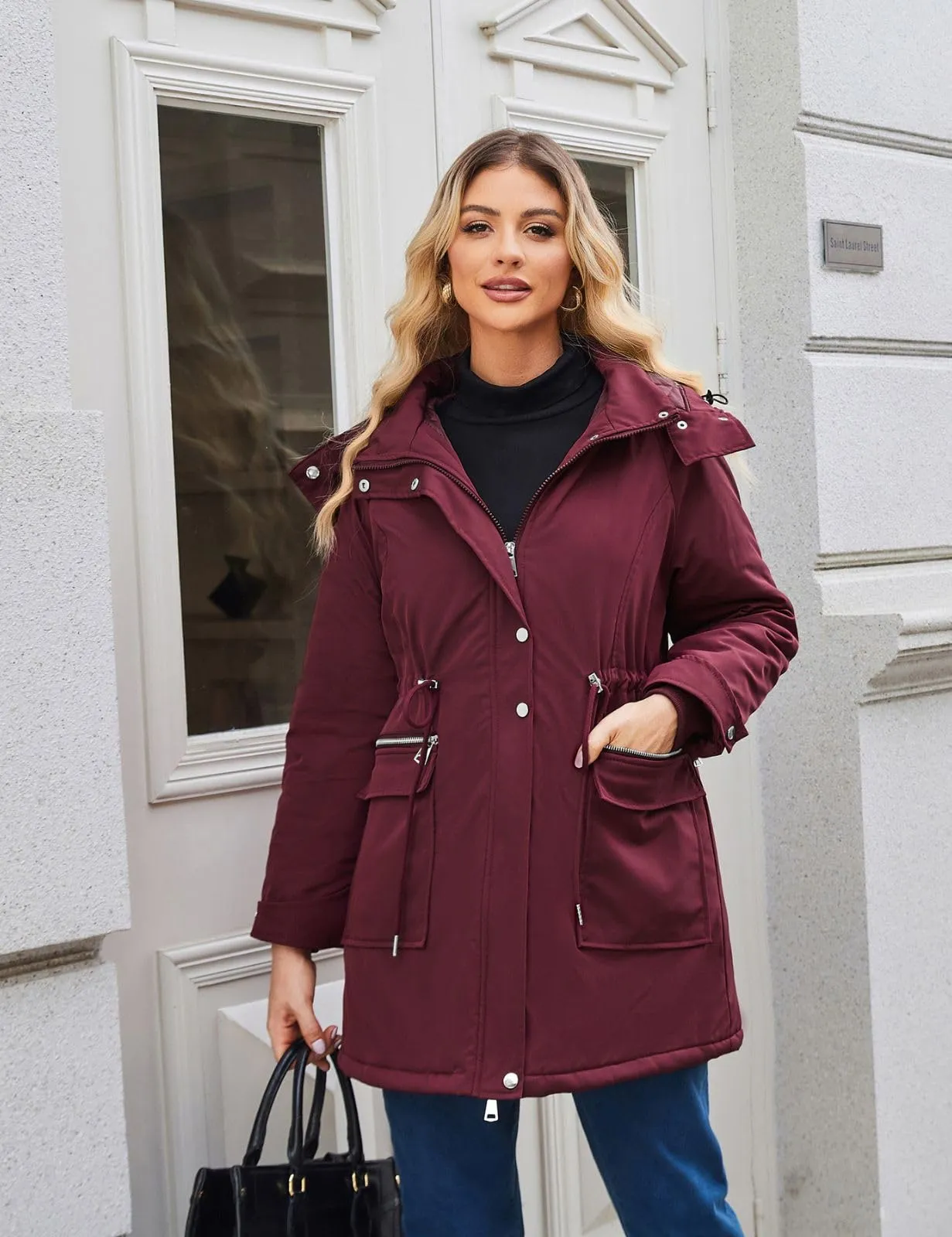 Maacie Giacca Premaman in Cotone Impermeabile con Collo Alto, Bordeaux, XXL - immagine 3