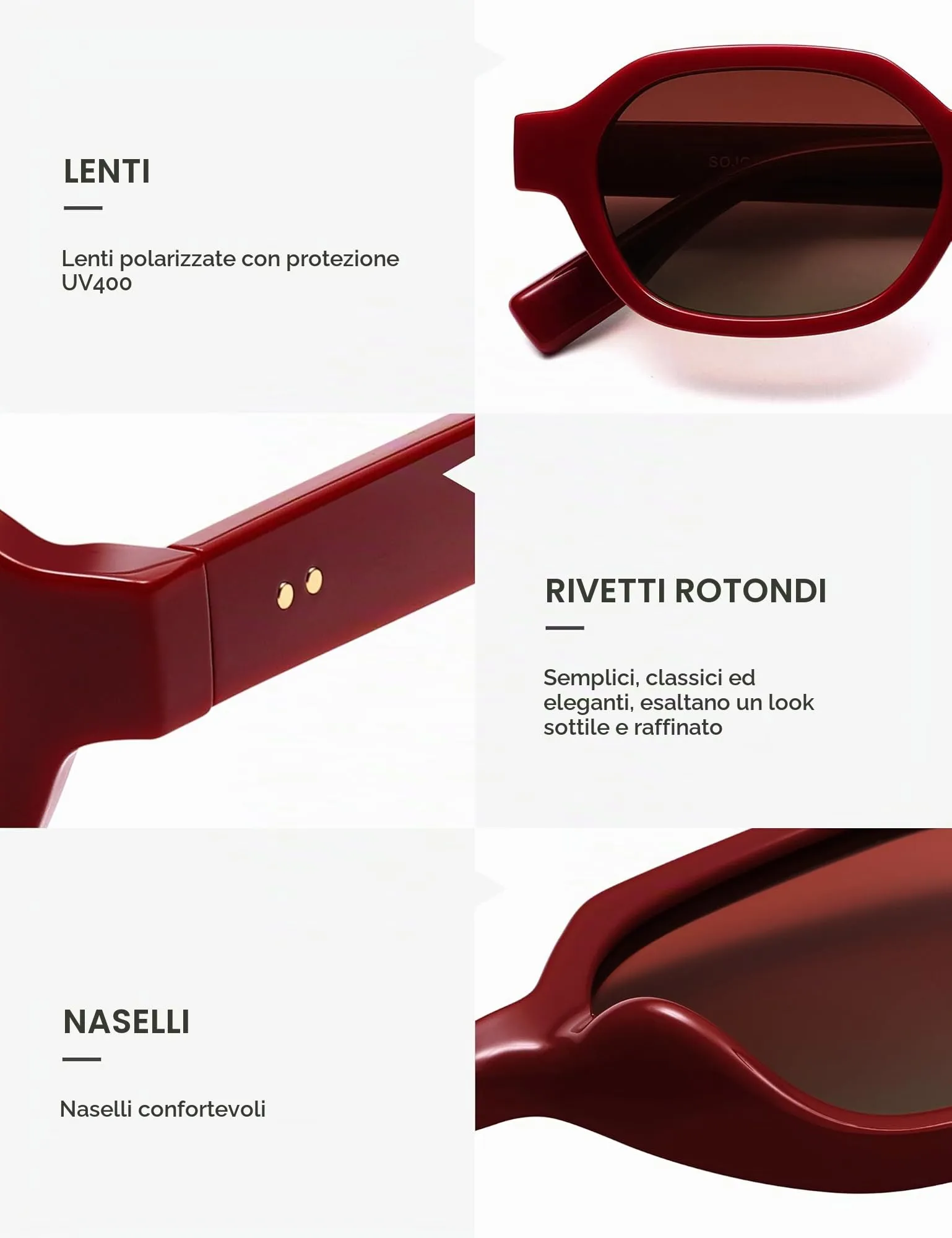 SOJOS Occhiali da sole polarizzati esagonali UV400 SJ2389, Rosso, Medium - immagine 4