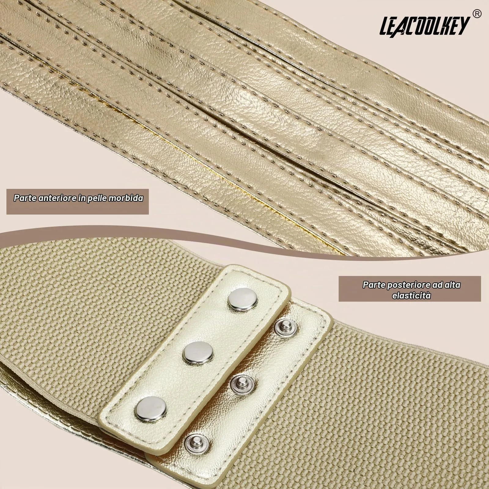 LEACOOLKEY Cintura Larga Elastica Donna, Oro, 70cm (Misura vita 64cm-73cm) - immagine 2