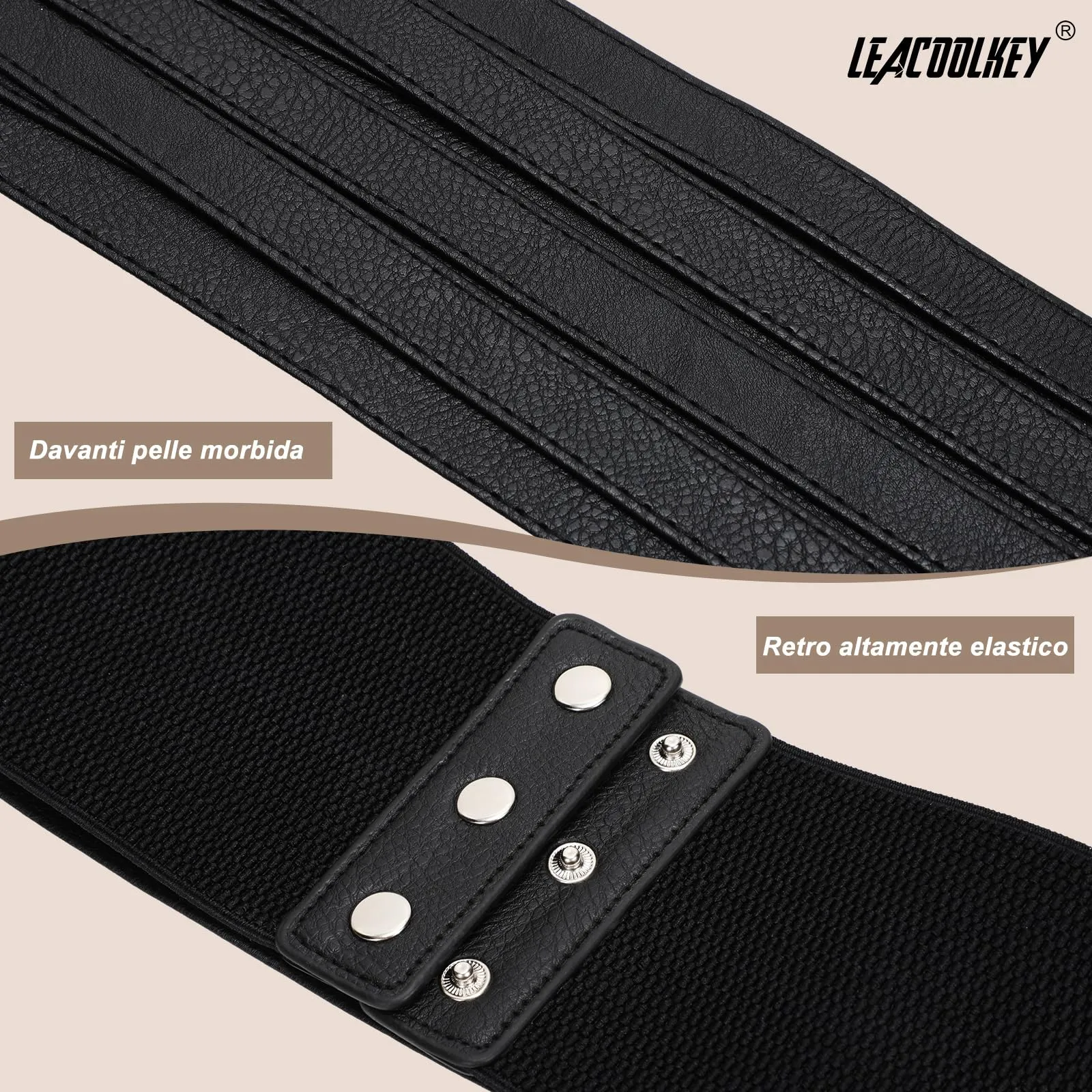 LEACOOLKEY Cintura Larga Donna in Elastica, Nero, 70cm (Misura vita 64cm-73cm) - immagine 2