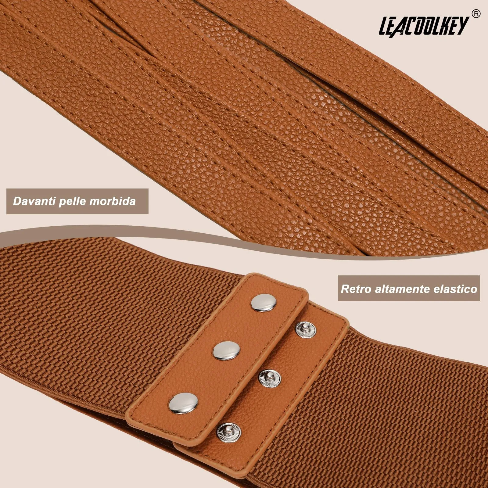 LEACOOLKEY Cintura Larga Elastica da Donna per Abiti e Jeans, Marrone, 80cm - immagine 2