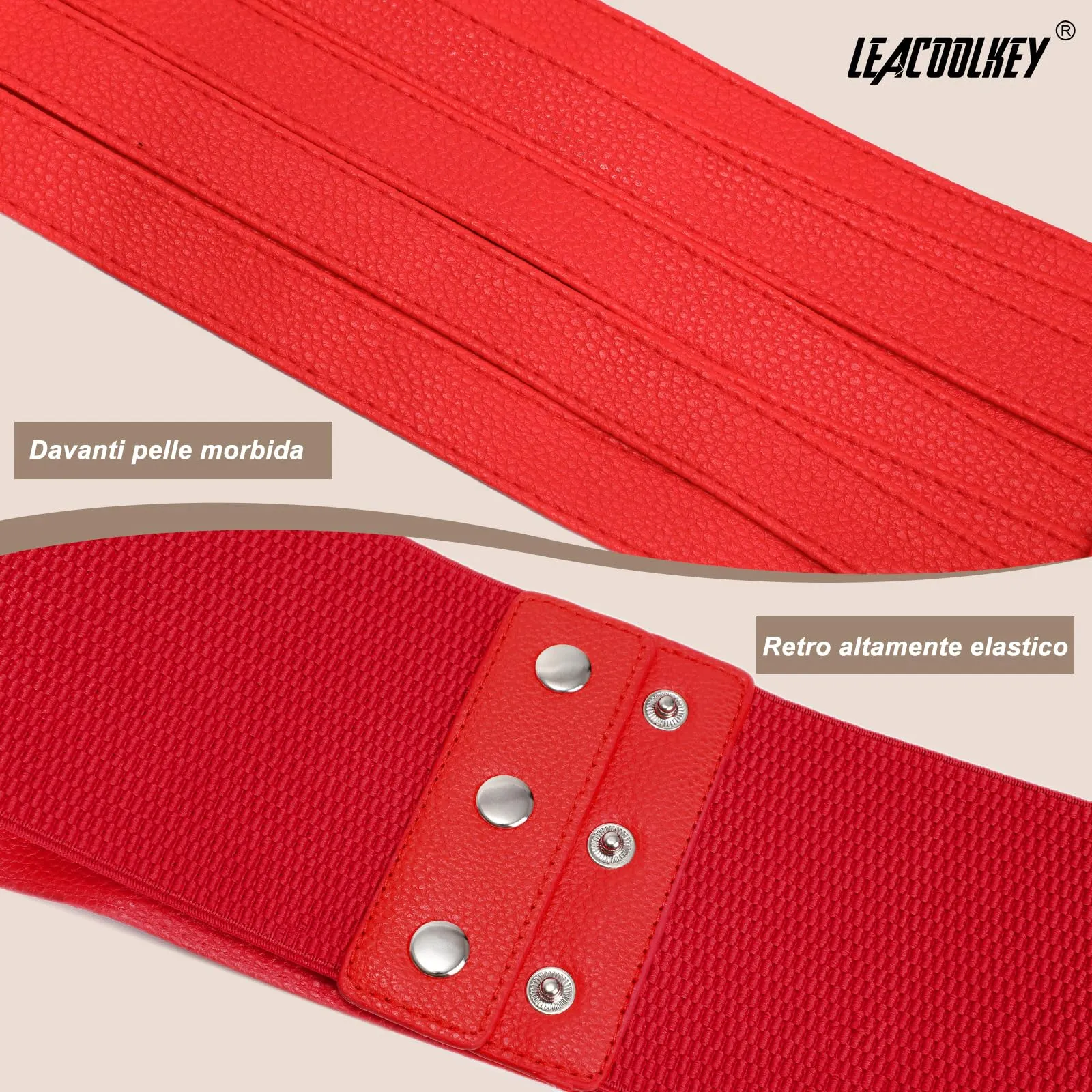 LEACOOLKEY Cintura Larga Donna in Elastica per Abiti e Jeans, Rosso, 80cm - immagine 2