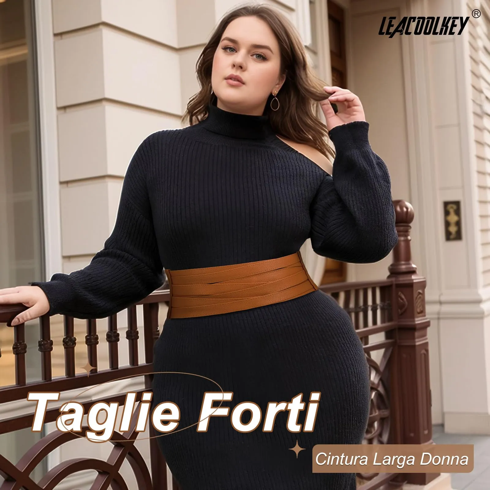 LEACOOLKEY Cintura Larga Donna in Elastica per Abiti e Jeans, Marrone, 90cm - immagine 3