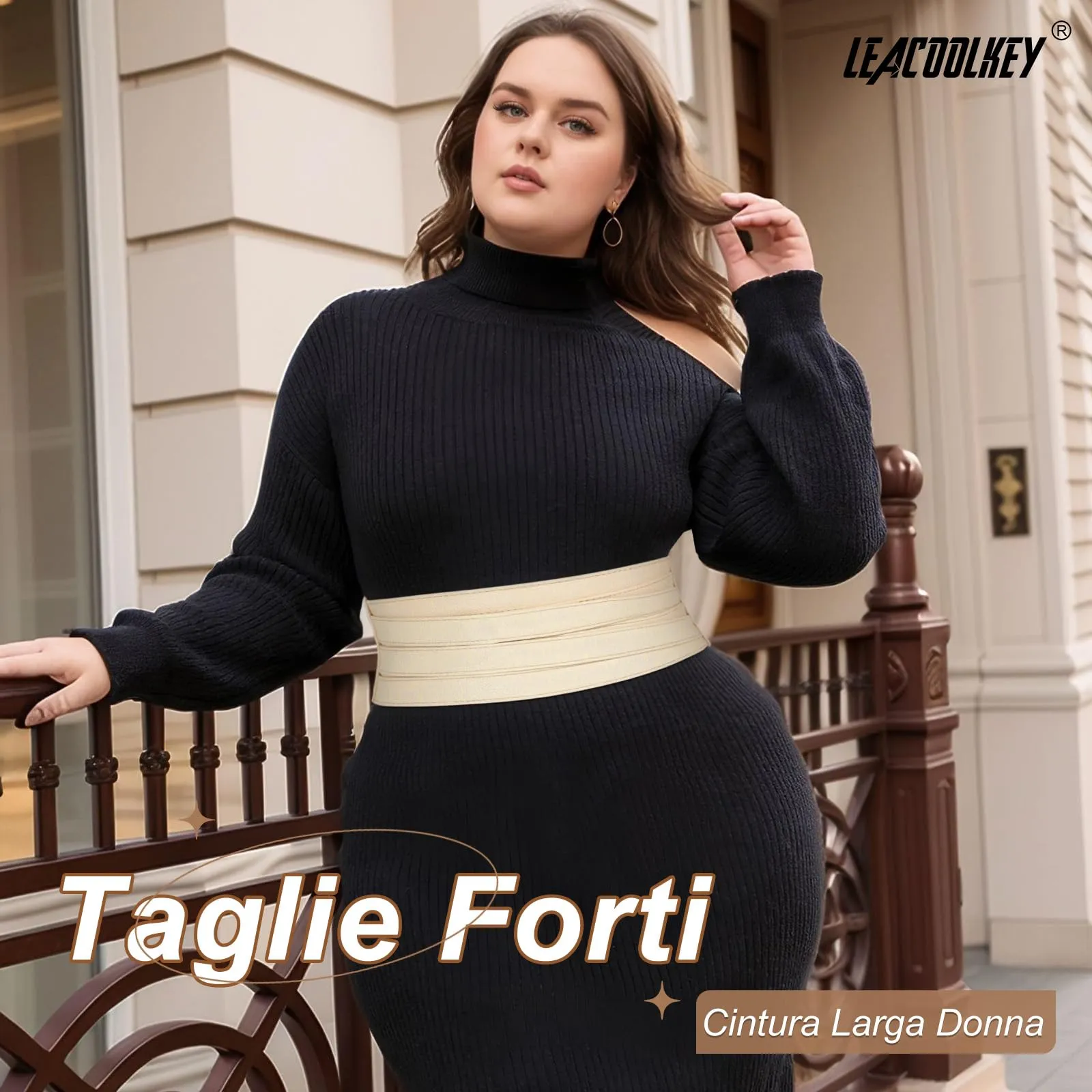 LEACOOLKEY Cintura Larga Elastica Donna per Abiti e Jeans, Beige, 90cm - immagine 3
