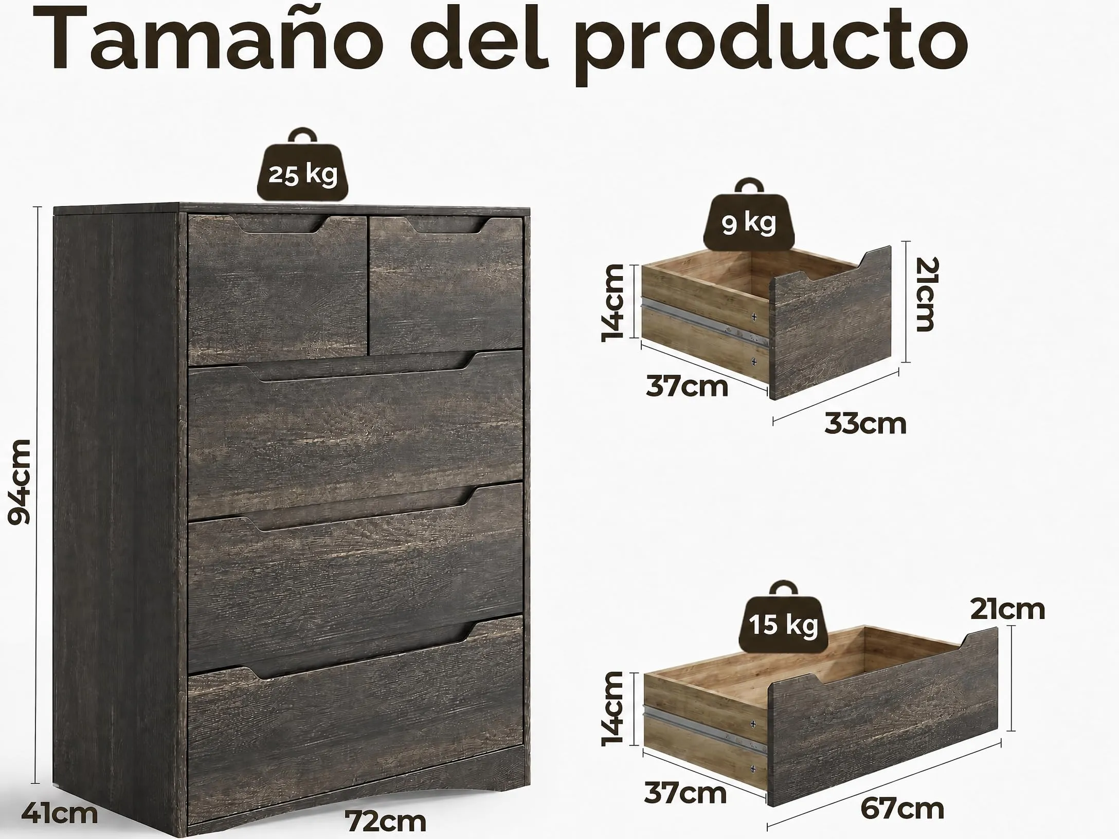 Blishom Cassettiera con 5 Cassetti, 94 x 72 x 41 cm, Marrone Scuro - immagine 2