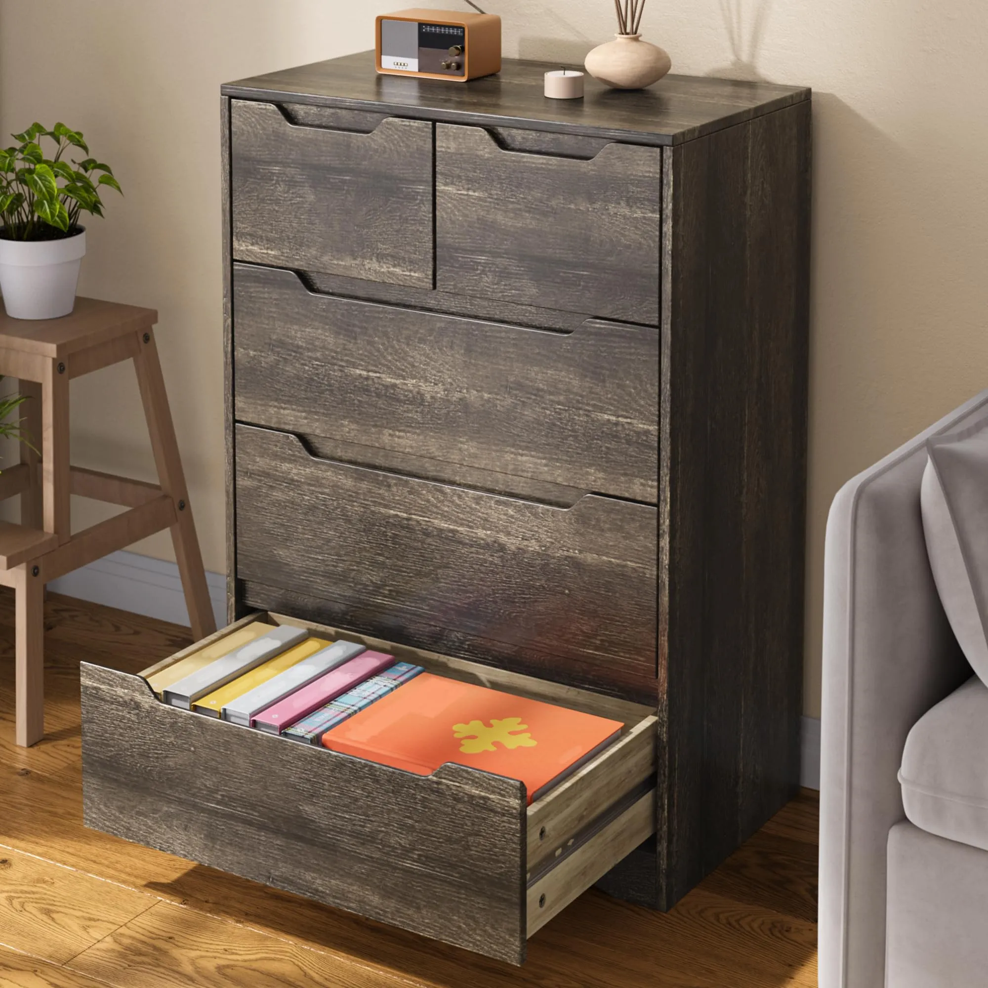 Blishom Cassettiera con 5 Cassetti, 94 x 72 x 41 cm, Marrone Scuro - immagine 3
