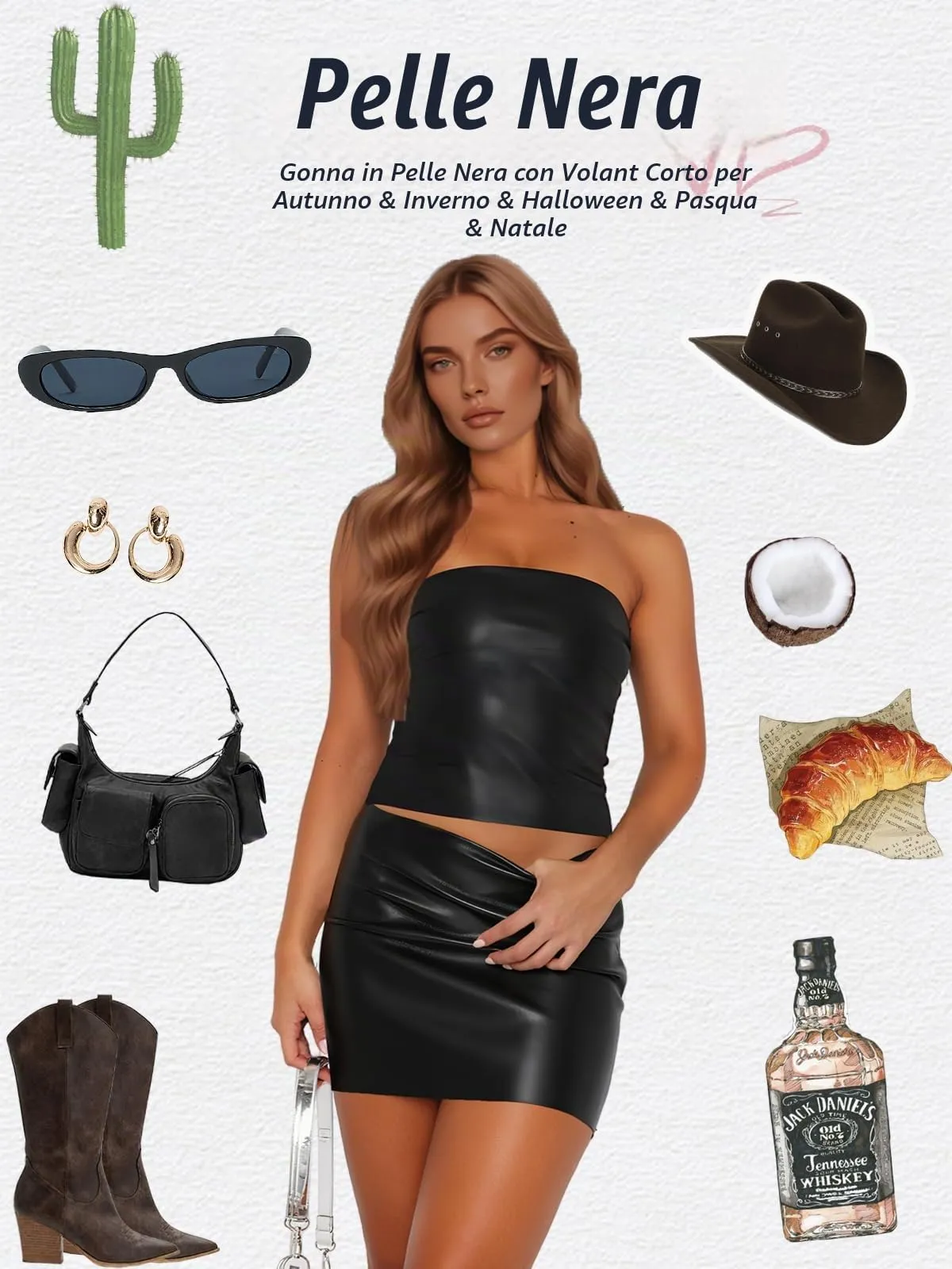 Danysu Gonna Mini Elasticizzata a Vita Bassa con Pantaloncini e Spacco Laterale, Pelle Nera, L - immagine 6