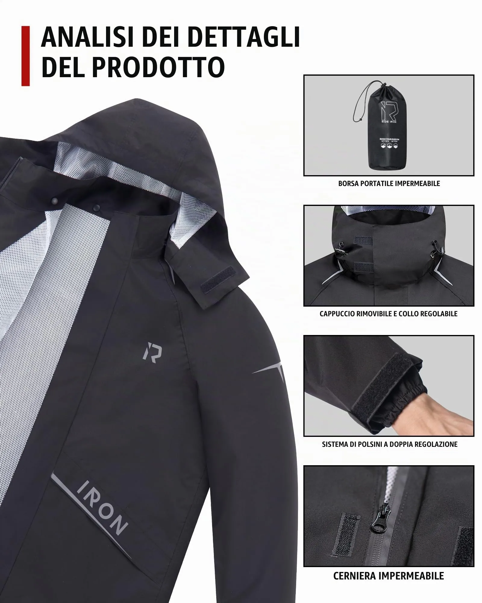 RIDEIRON Tuta Antipioggia da Moto da Uomo, 2 Pezzi, Impermeabile 15.000 mm, Nero, XXL - immagine 4