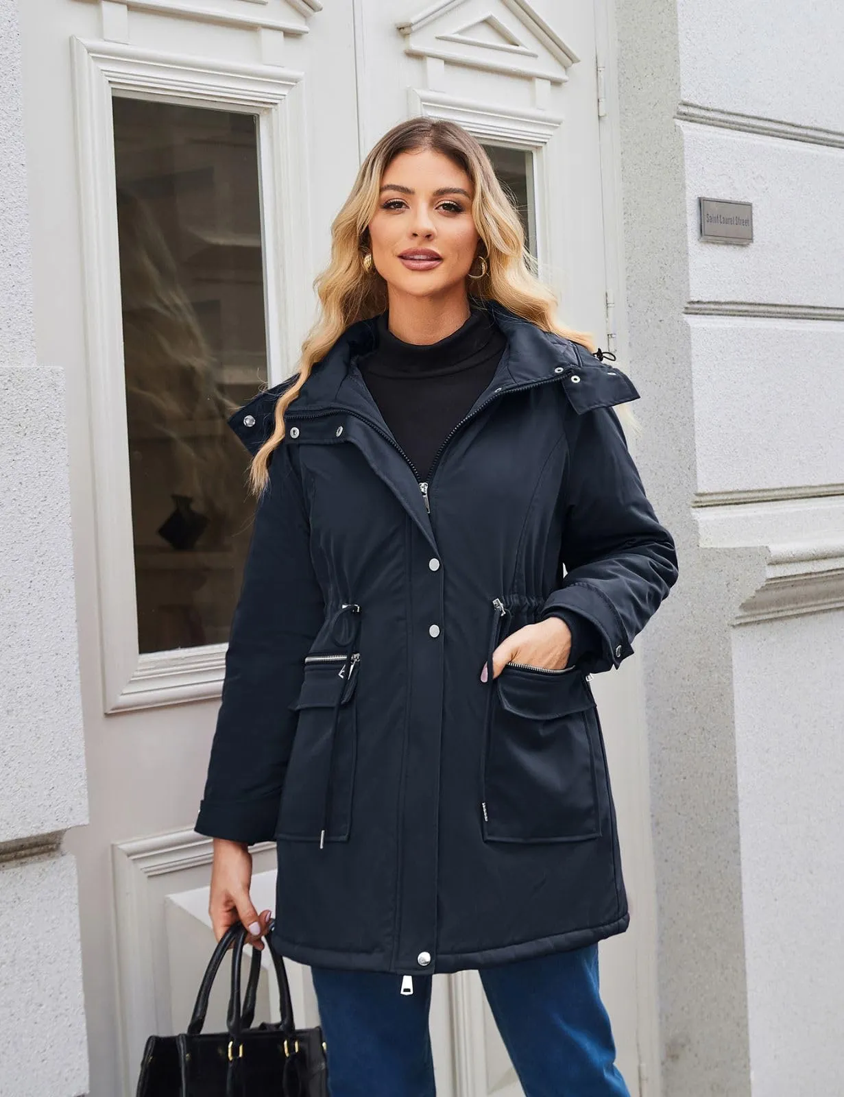 Maacie Giacca Premaman in Cotone 2025 con Collo Alto e Impermeabile, Blu Navy, S - immagine 3