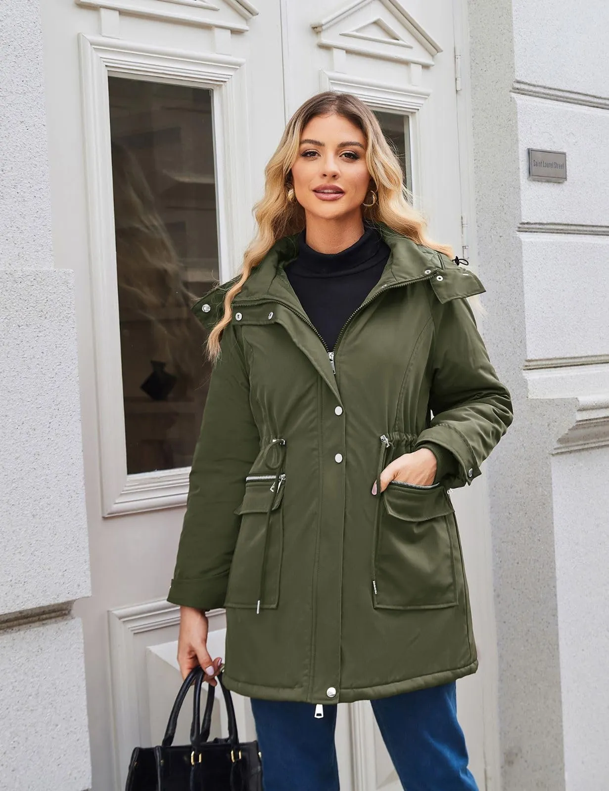 Maacie Giacca Premaman in Cotone Impermeabile con Collo Alto, Verde Militare, S - immagine 3