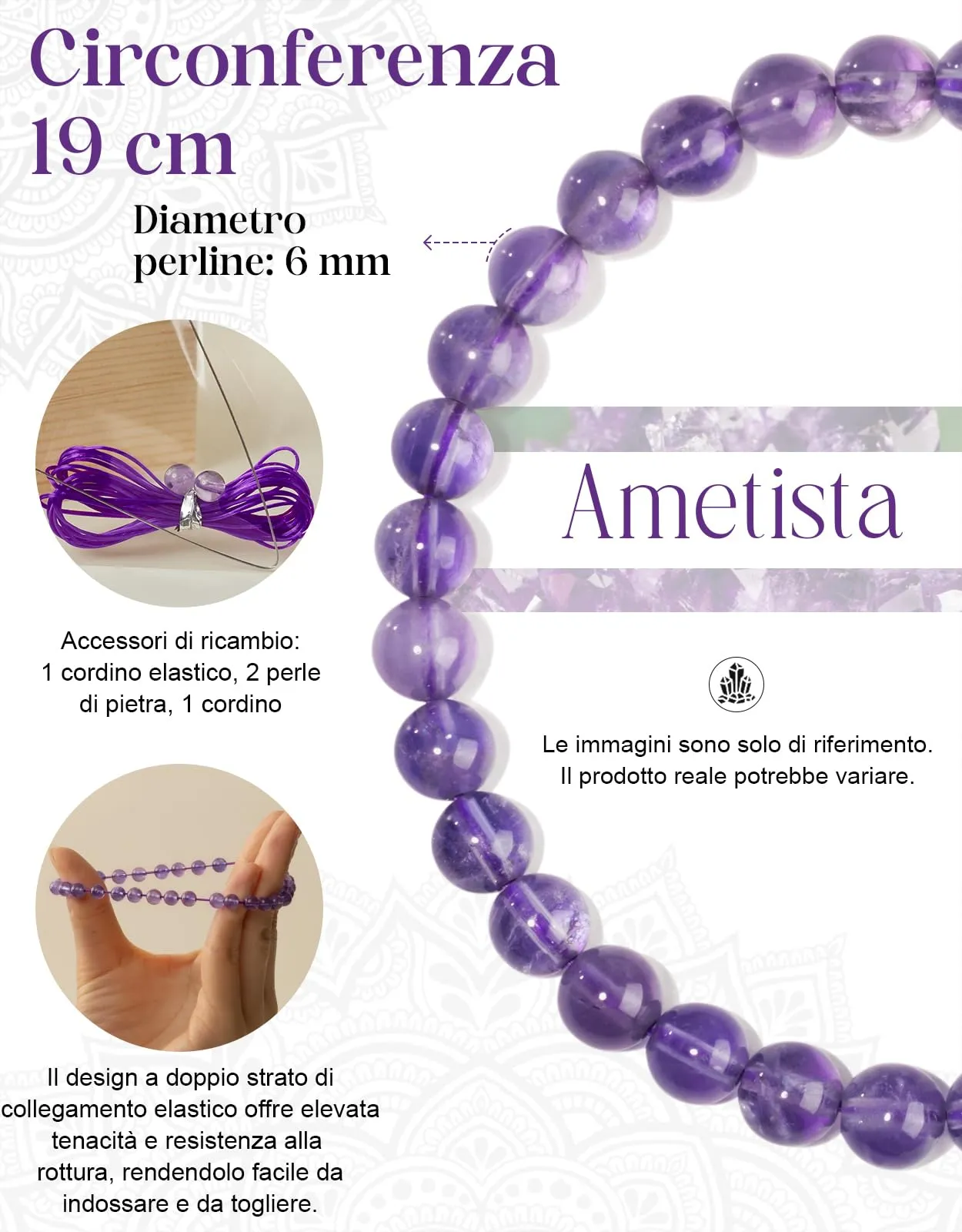 Landorilo Bracciale in Pietra Naturale Ametista, 6 mm, 19 cm - immagine 4