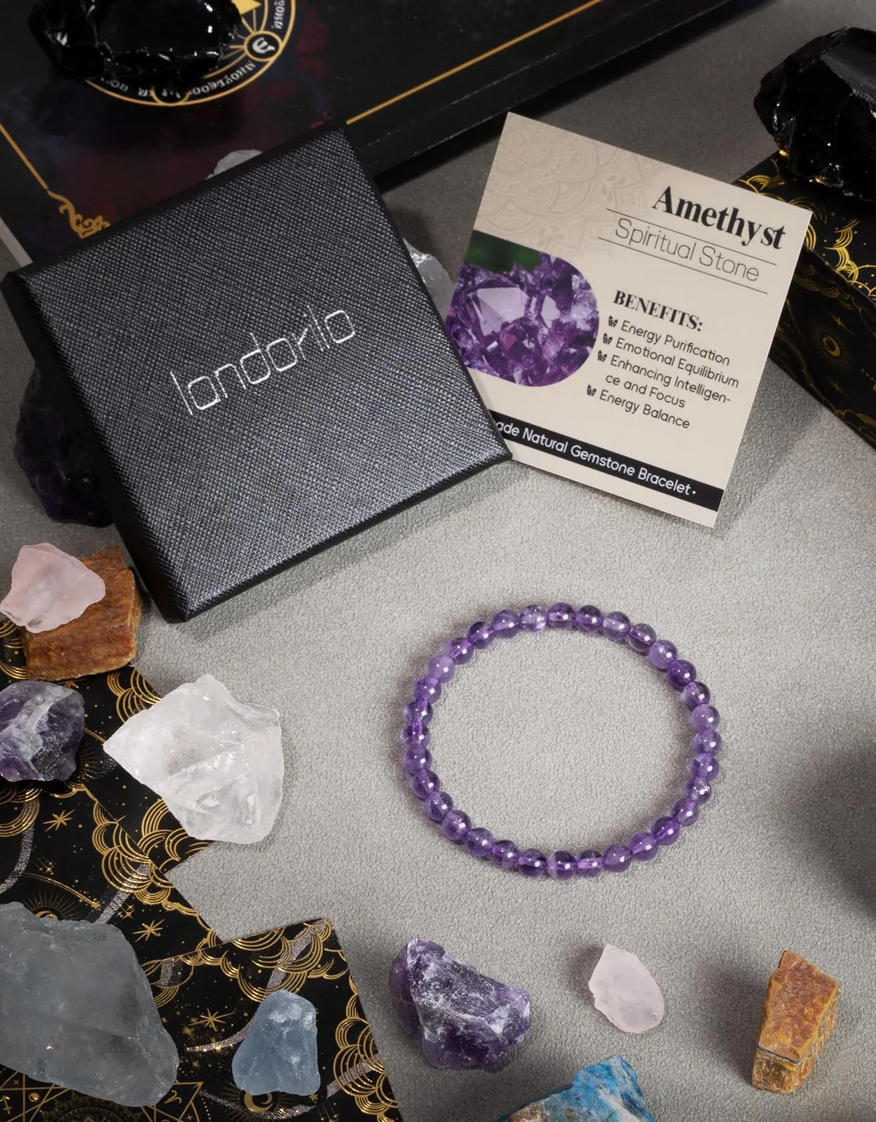 Landorilo Bracciale in Pietra Naturale Ametista, 6 mm, 19 cm - immagine 5