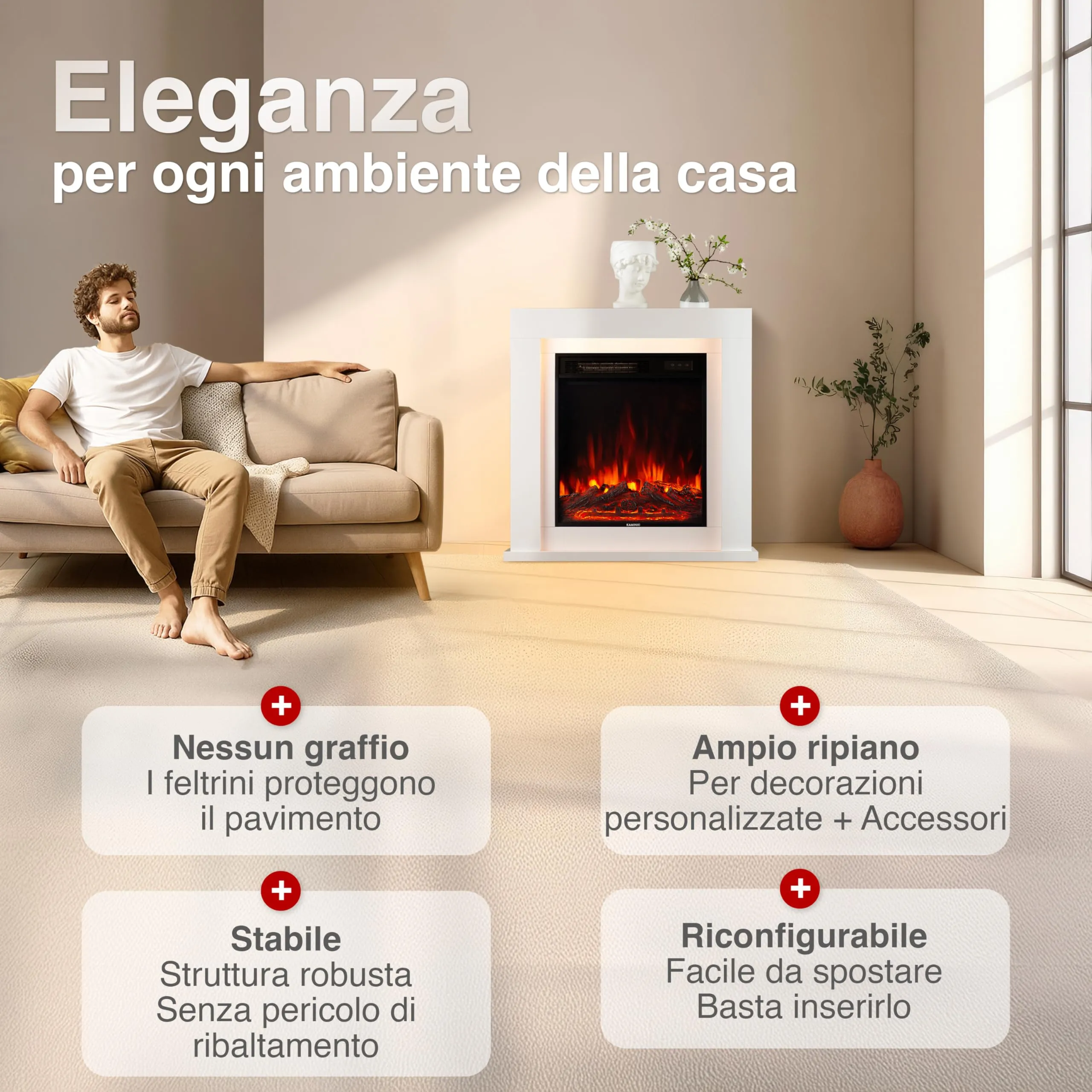 KAMINIO Matti Modern 32 Bianco Camino Elettrico da Appoggio - immagine 2