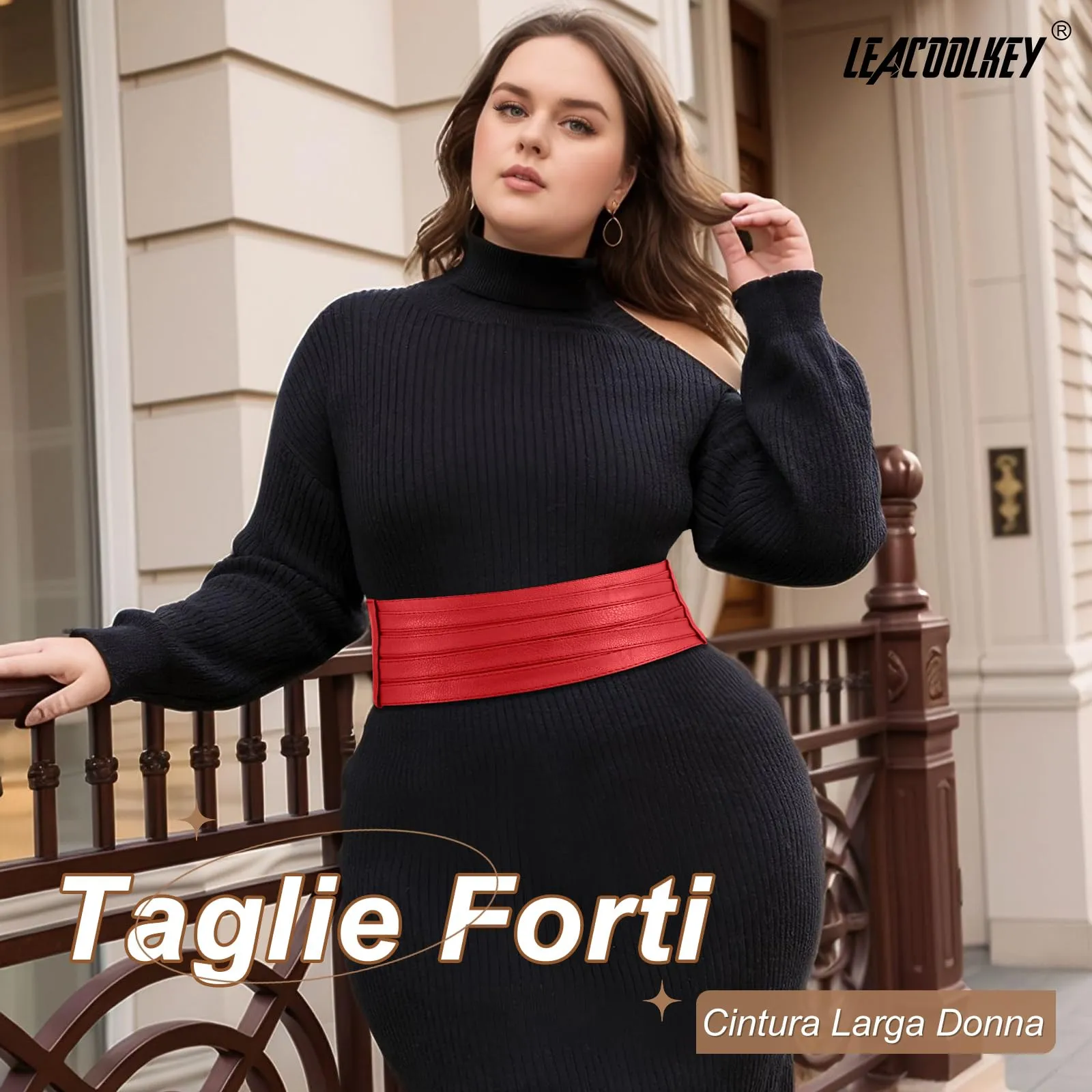 LEACOOLKEY Cintura Larga Donna in Elastica per Abiti e Jeans, Rosso, 90cm - immagine 3