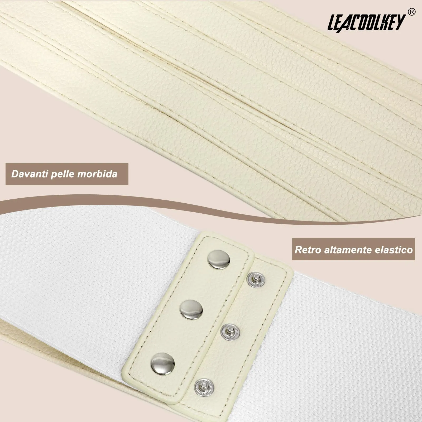 LEACOOLKEY Cintura Larga Donna in Elastica per Abiti e Jeans, Bianco, 70cm - immagine 2