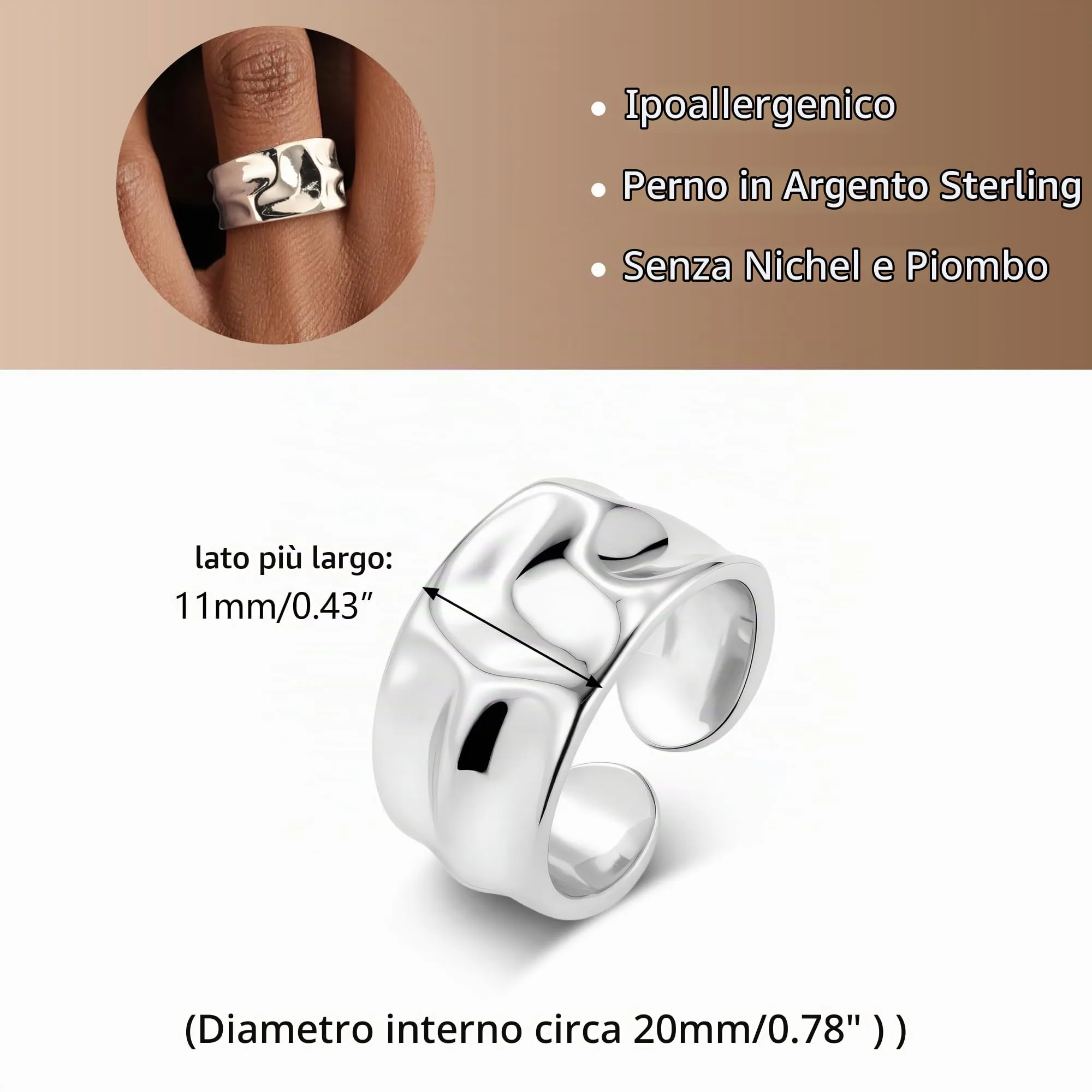 ALEXCRAFT Anelli Regolabili in Argento e Acciaio Fascia Chunky per Donna e Uomo - immagine 5