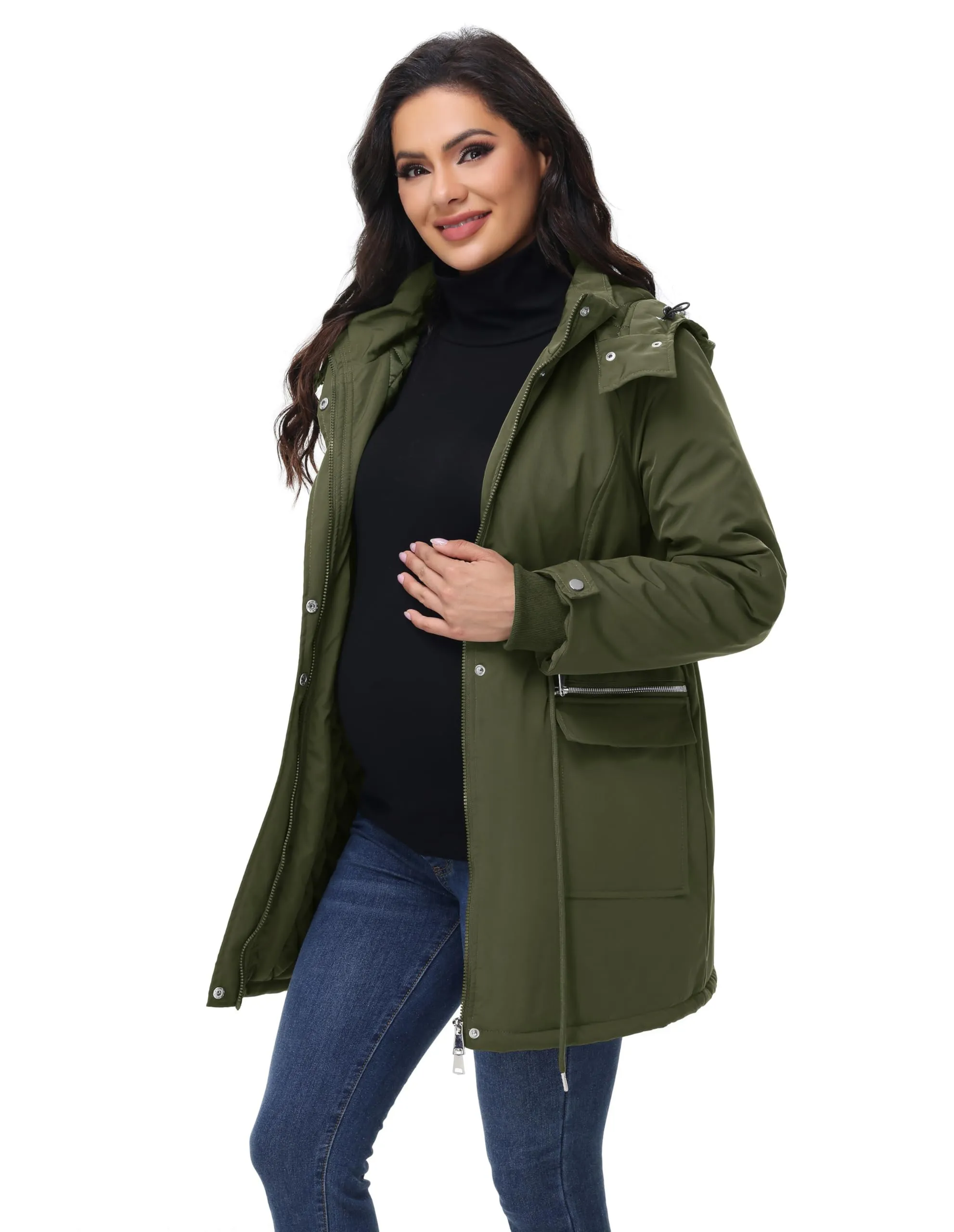 Maacie Giacca Premaman in Cotone Impermeabile con Collo Alto, Verde Militare, L - immagine 2