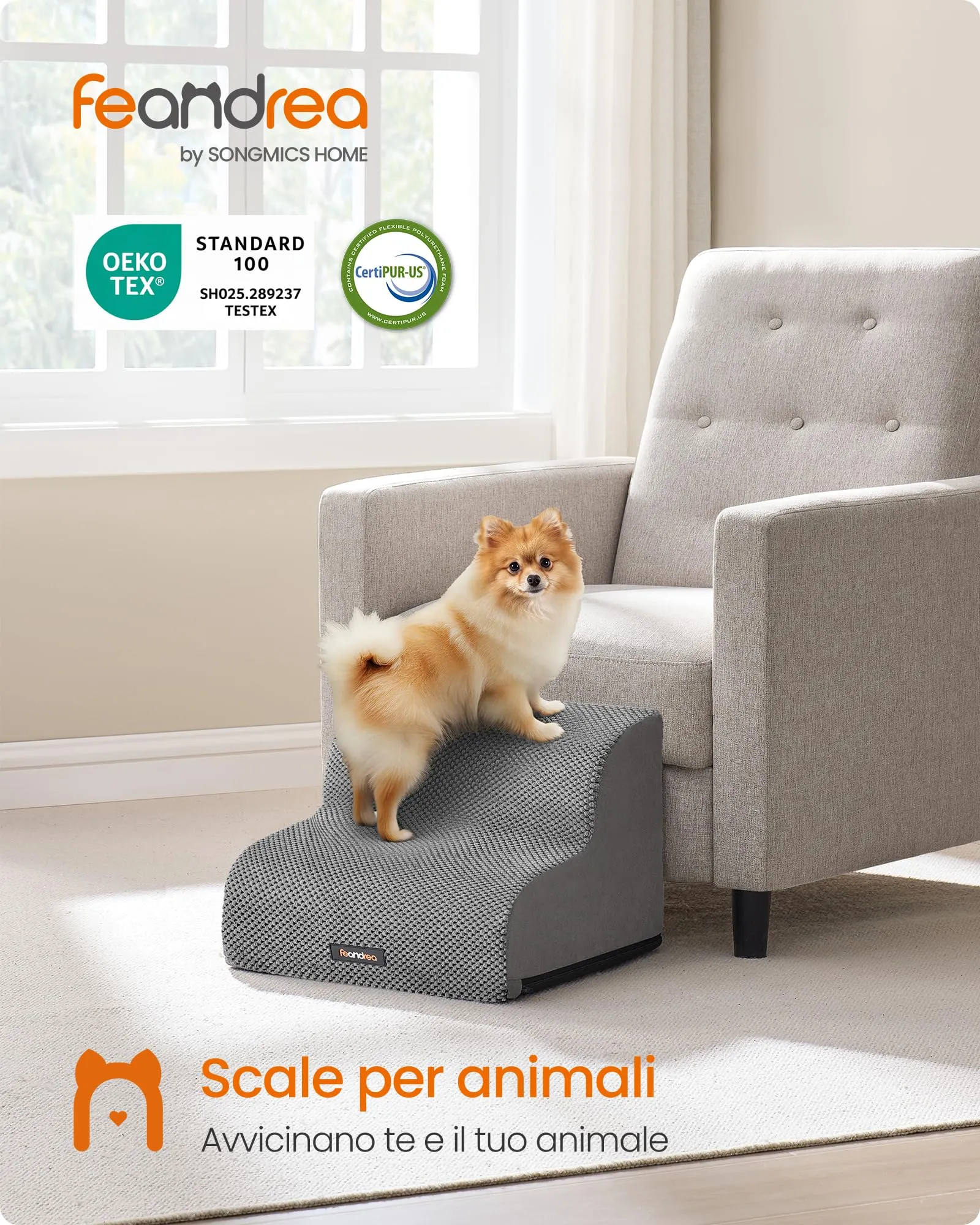 Feandrea Scala a 2 Gradini per Cani, Velluto Goffrato, Grigio Tortora PPS012GD01 - immagine 2