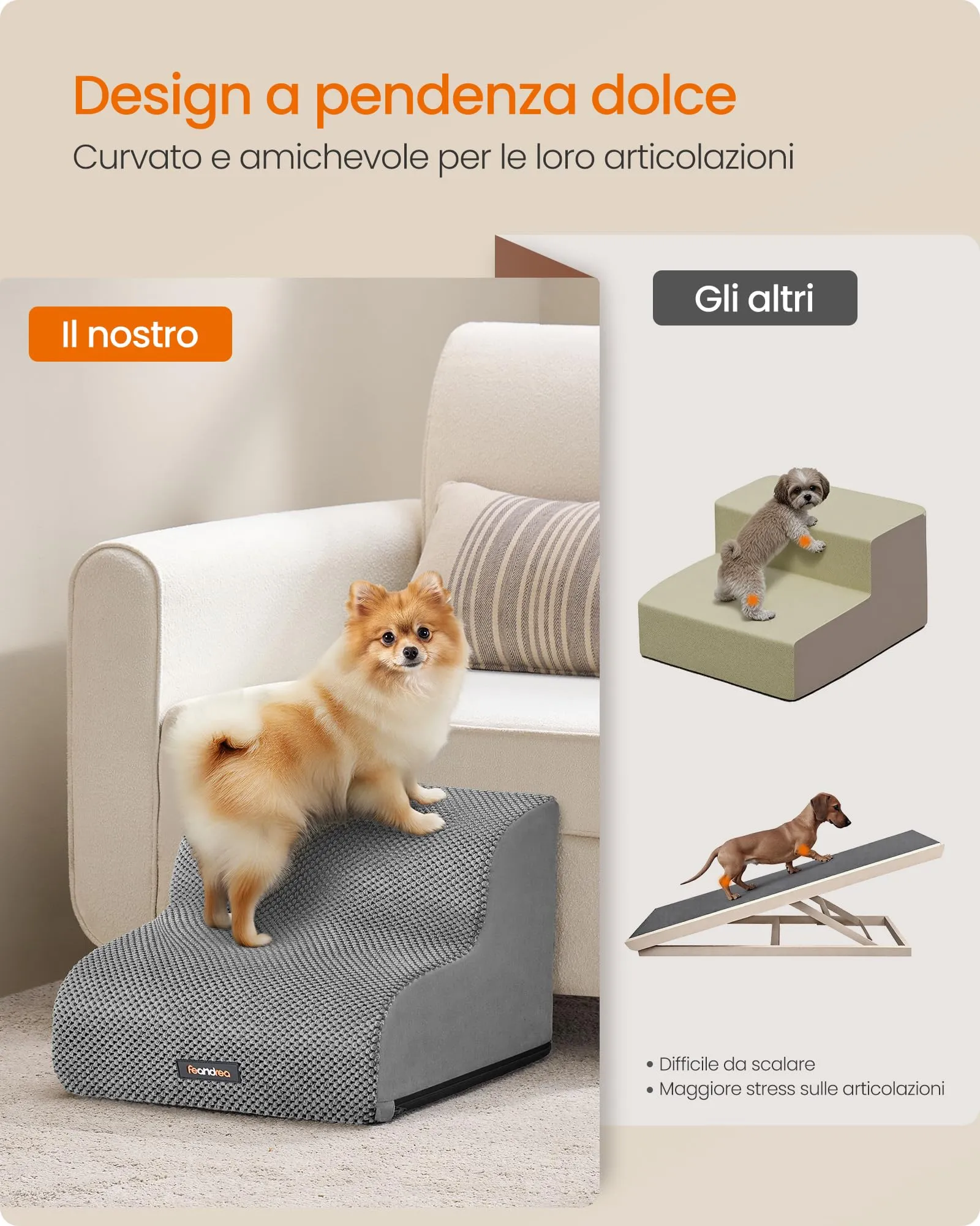 Feandrea Scala a 2 Gradini per Cani, Velluto Goffrato, Grigio Tortora PPS012GD01 - immagine 3