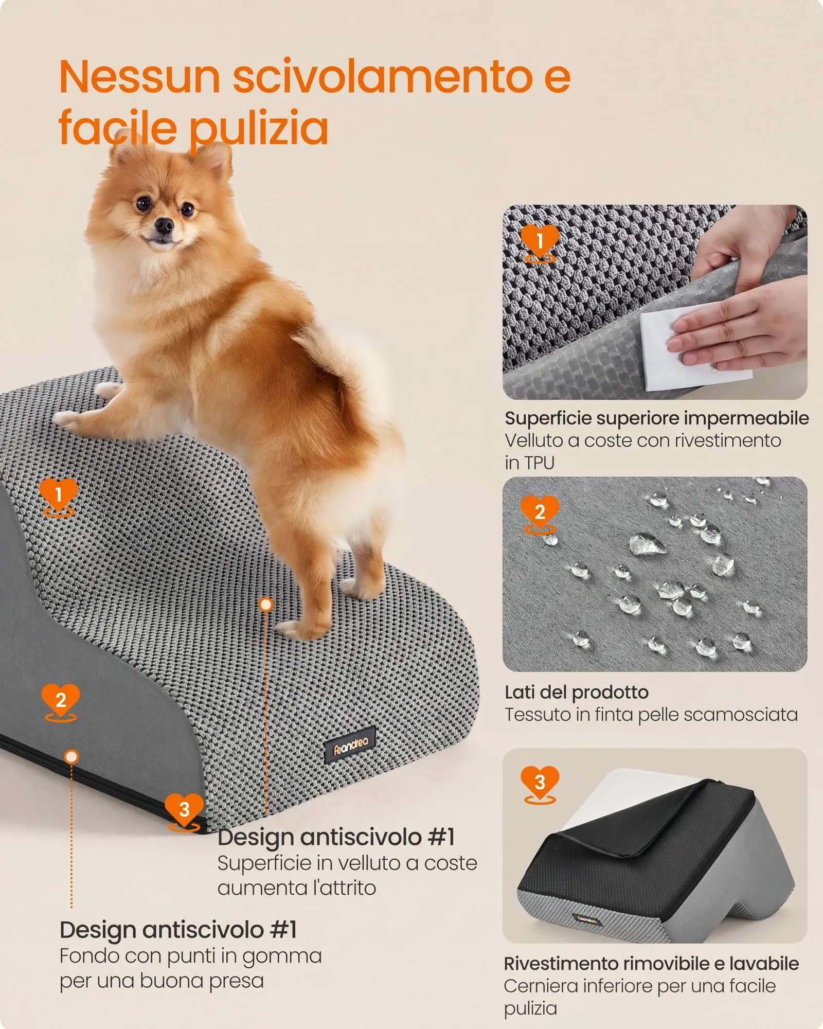 Feandrea Scala a 2 Gradini per Cani, Velluto Goffrato, Grigio Tortora PPS012GD01 - immagine 5