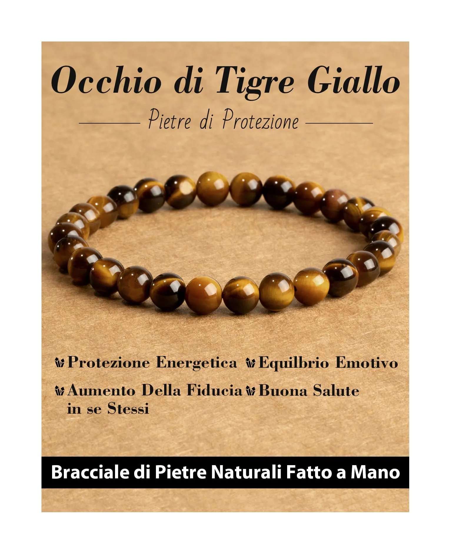 Landorilo Bracciale in Pietra Naturale Occhio di Tigre, 6 mm, 19 cm - immagine 1