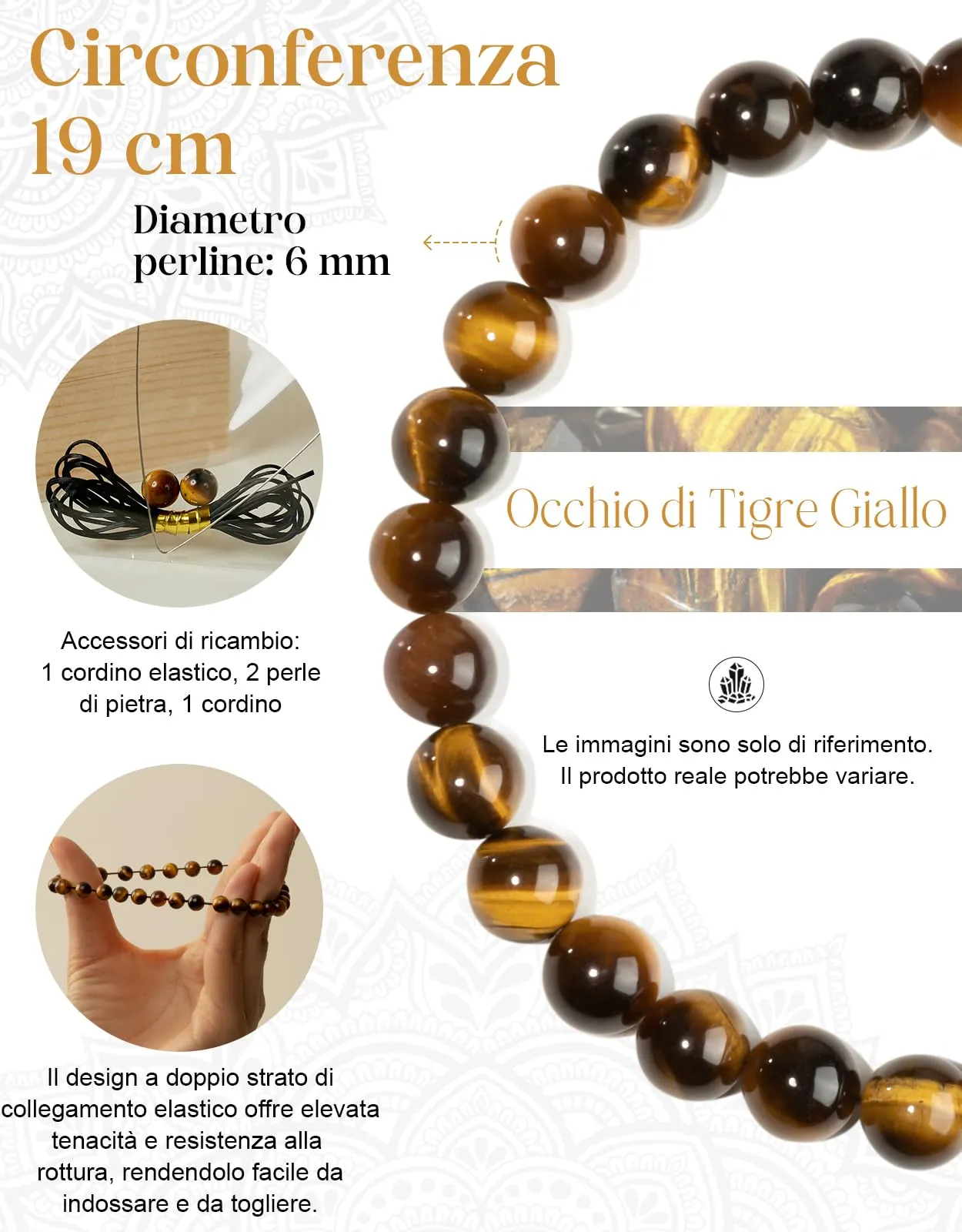 Landorilo Bracciale in Pietra Naturale Occhio di Tigre, 6 mm, 19 cm - immagine 3