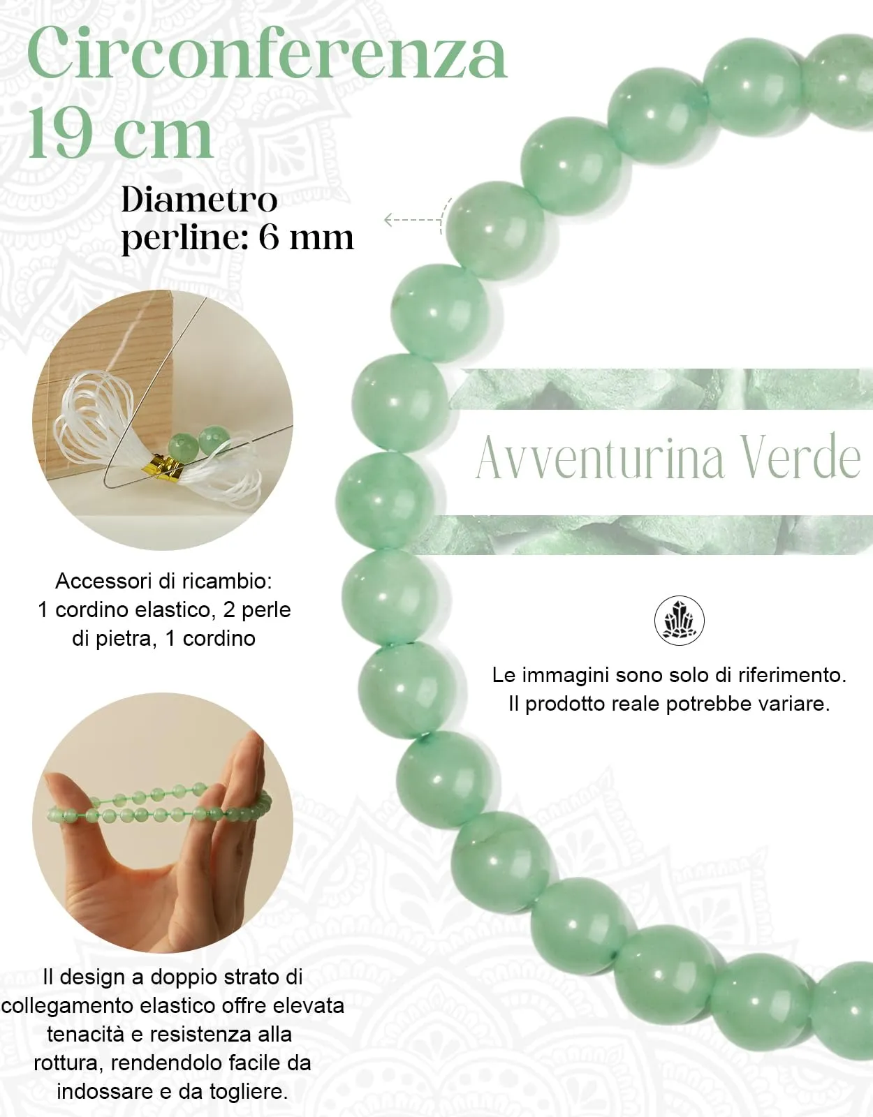Landorilo Bracciale in Pietra Naturale Avventurina Verde, 6 mm, 19 cm - immagine 4