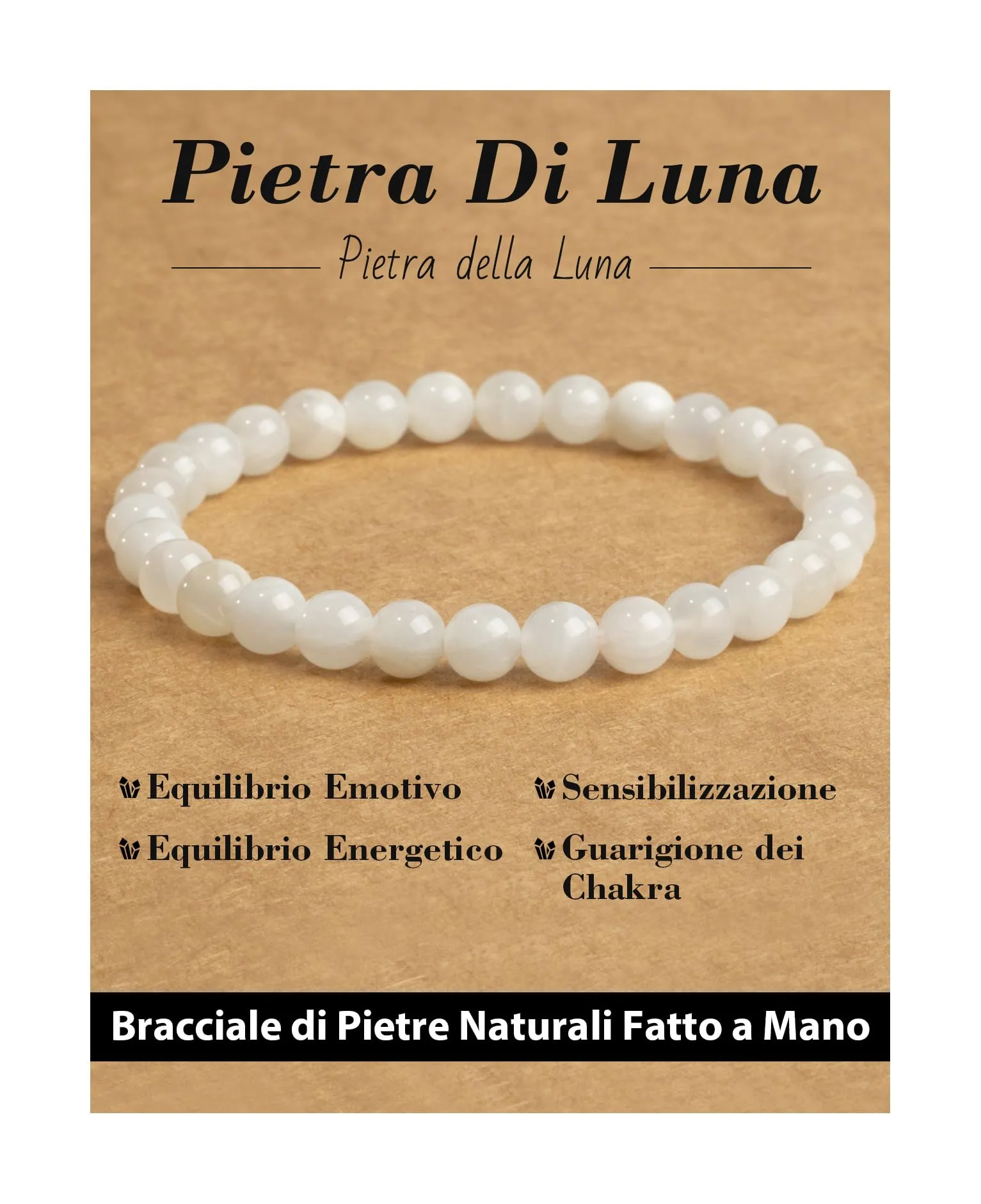 Landorilo Bracciale in Pietra di Luna, Pietra Naturale 6 mm, 19 cm - immagine 1