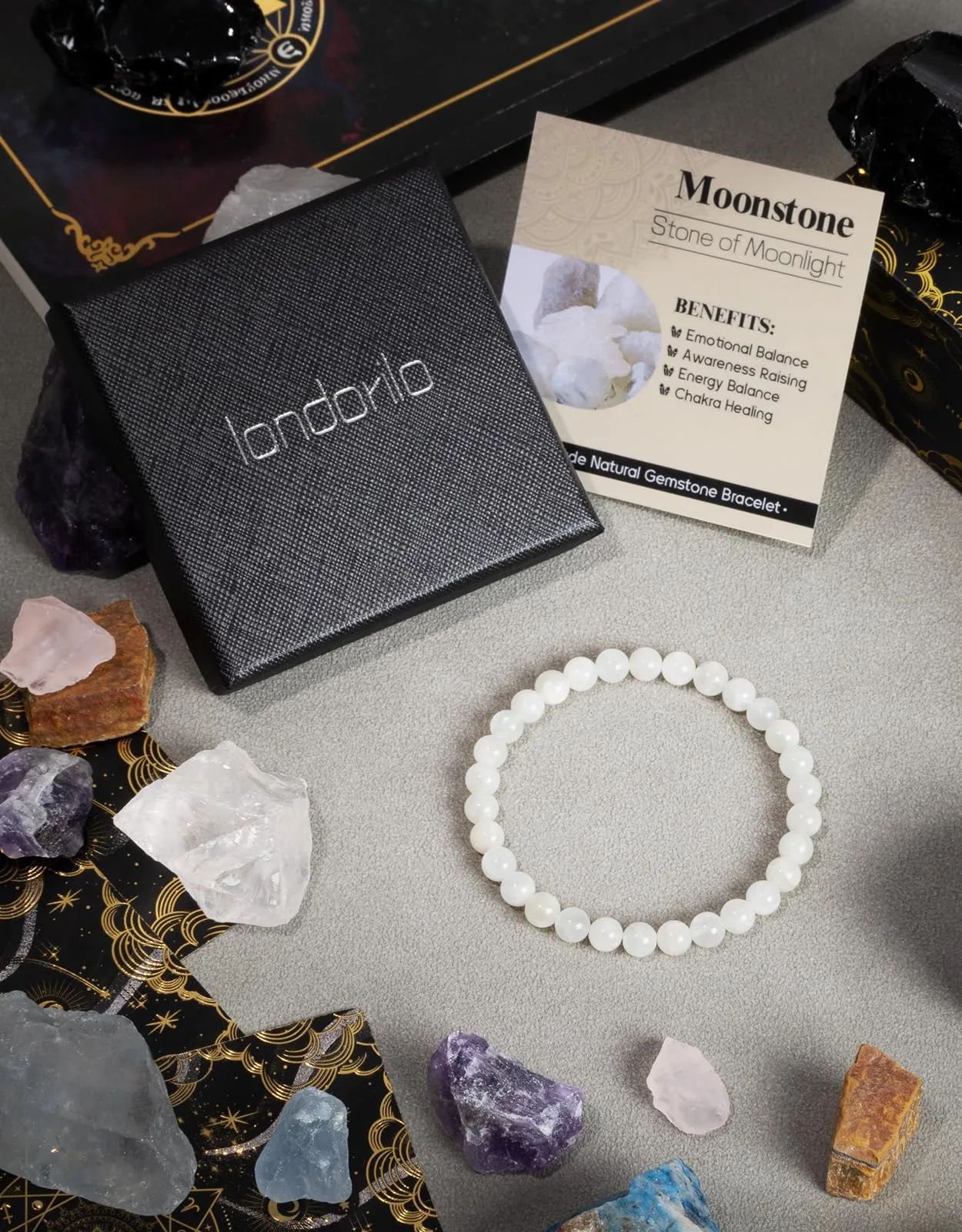 Landorilo Bracciale in Pietra di Luna, Pietra Naturale 6 mm, 19 cm - immagine 4