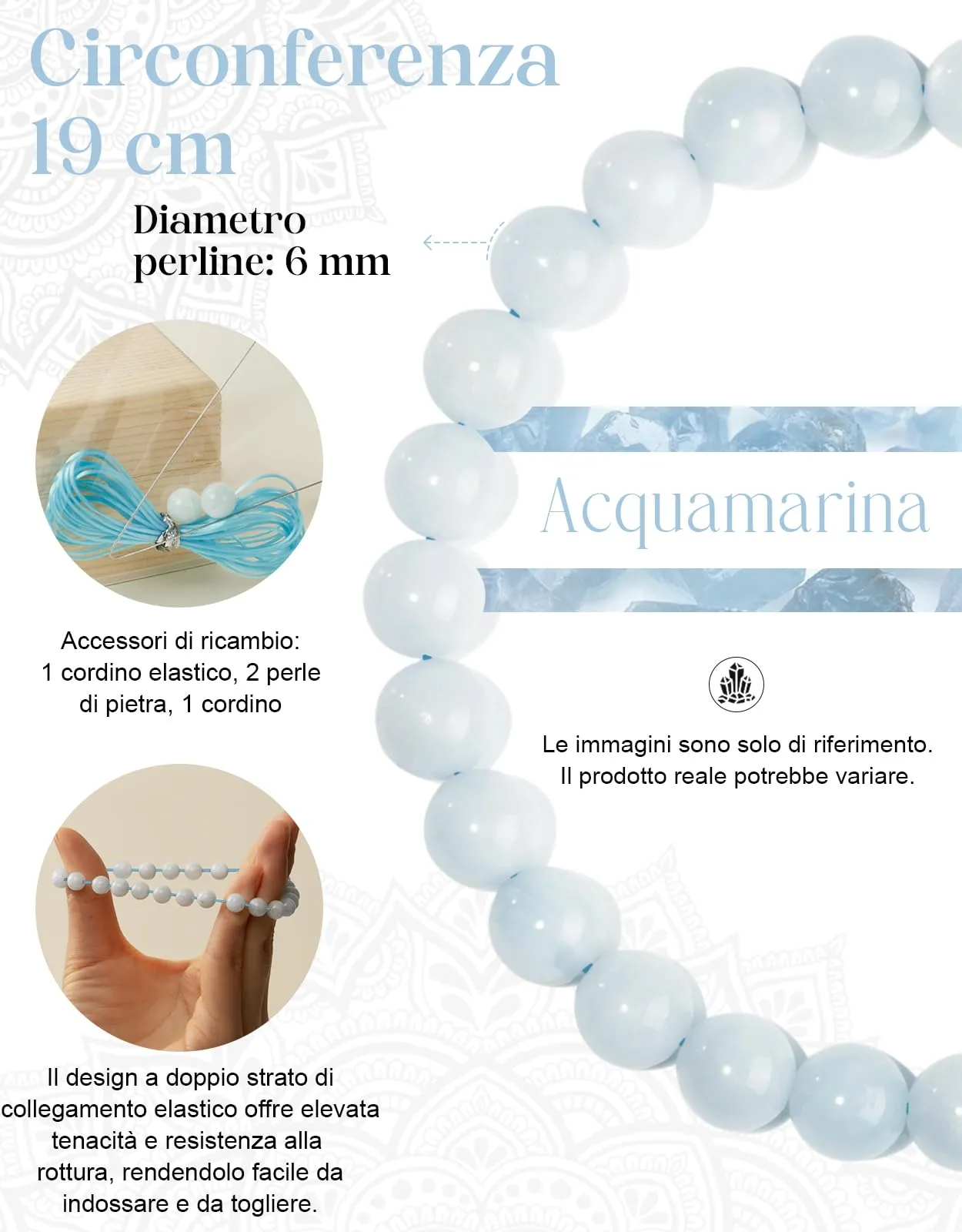 Landorilo Bracciale in Pietra Naturale Acquamarina 6 mm, 19 cm - immagine 3