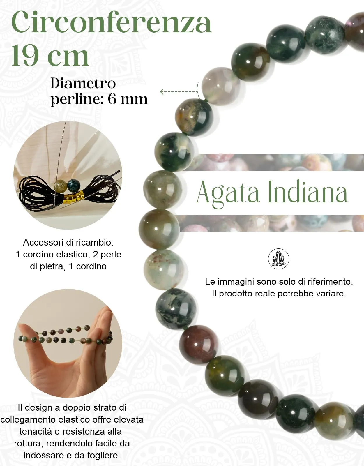 Landorilo Bracciale in Pietra Naturale Agata Indiana, 6 mm, 19 cm - immagine 3