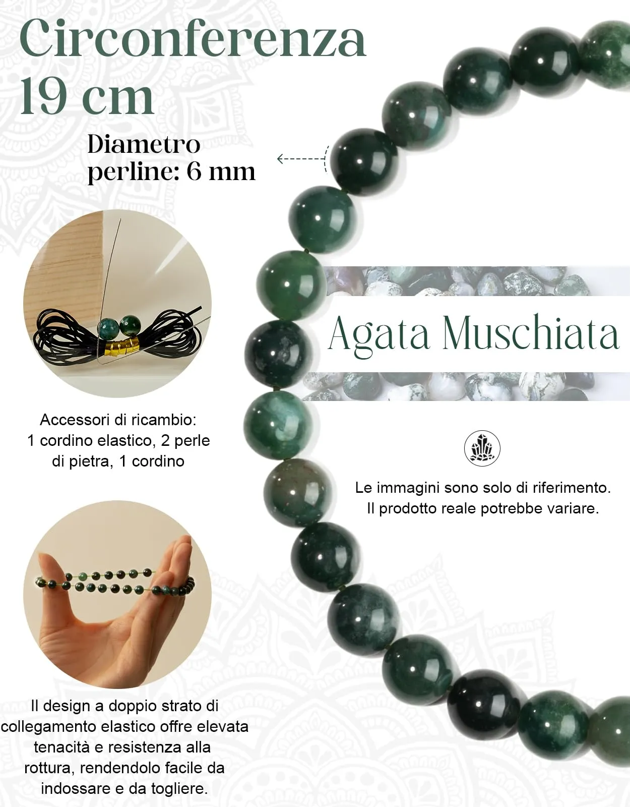 Landorilo Bracciale in Pietra Naturale Agata Muschiata, 6 mm, 19 cm - immagine 3