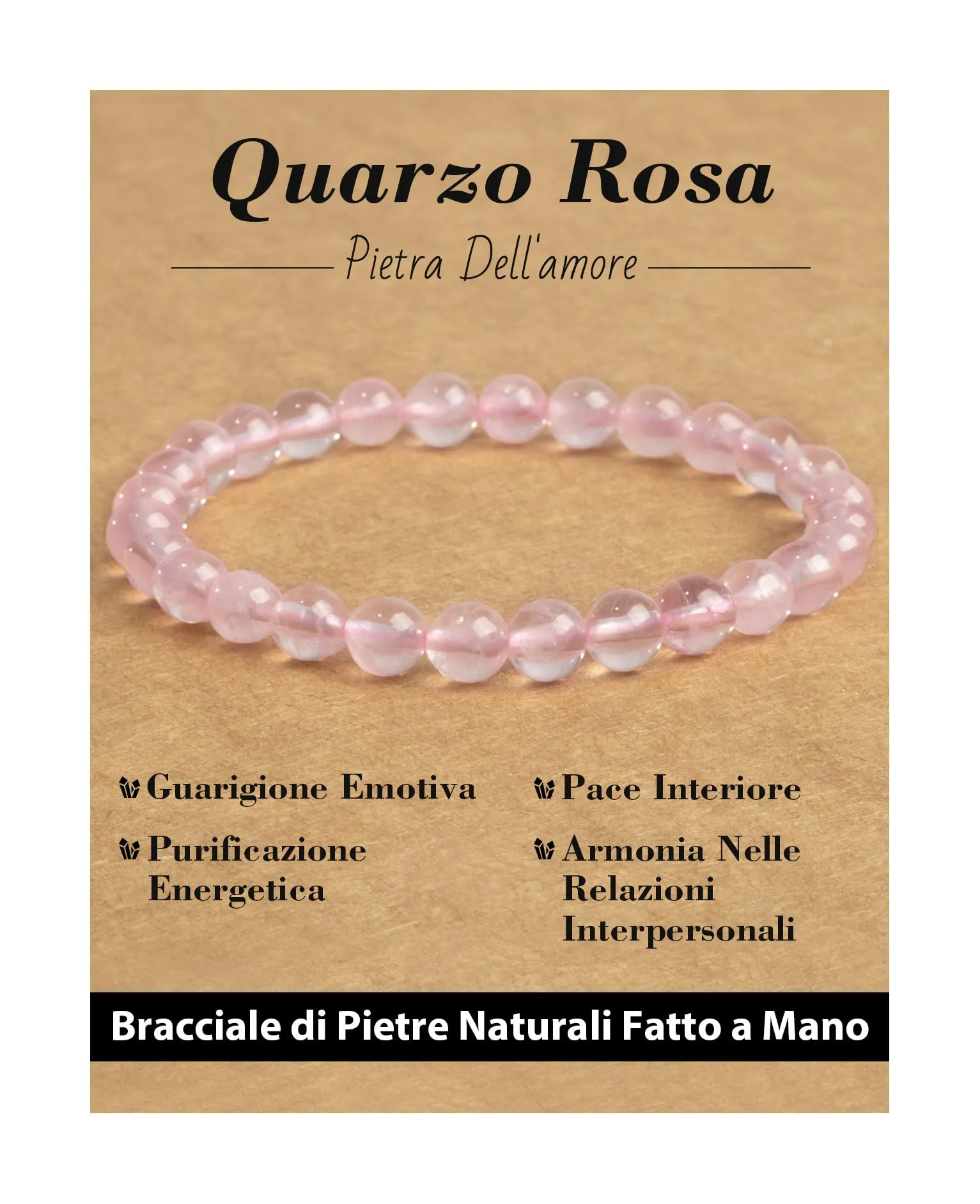 Landorilo Bracciale in Pietra Naturale Quarzo Rosa, 6 mm, 19 cm - immagine 1