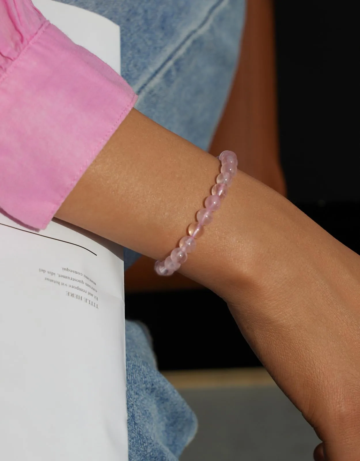 Landorilo Bracciale in Pietra Naturale Quarzo Rosa, 6 mm, 19 cm - immagine 2