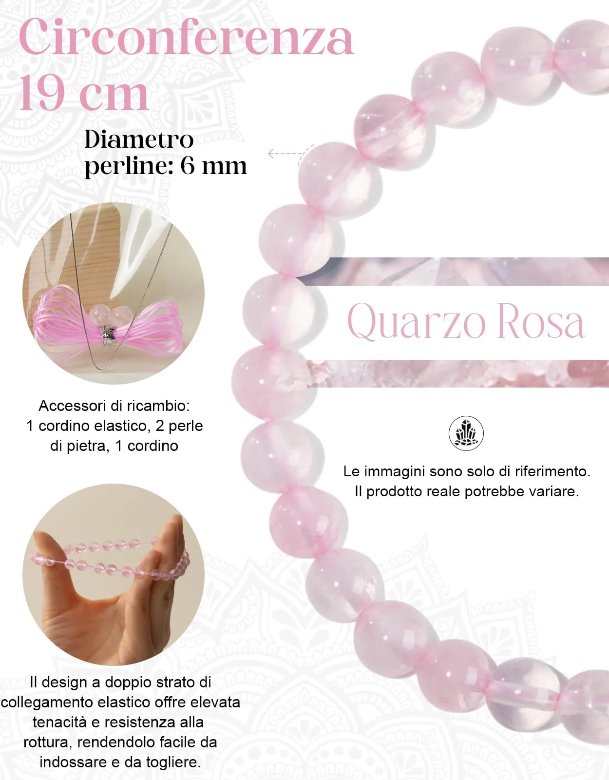 Landorilo Bracciale in Pietra Naturale Quarzo Rosa, 6 mm, 19 cm - immagine 4