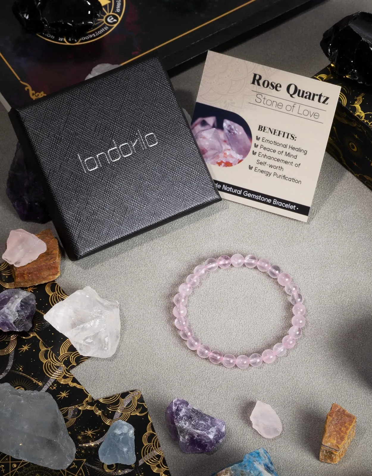 Landorilo Bracciale in Pietra Naturale Quarzo Rosa, 6 mm, 19 cm - immagine 5