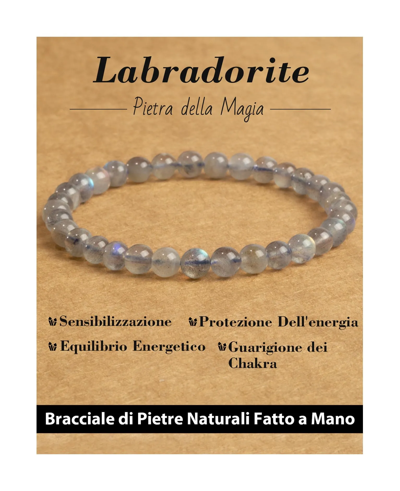 Landorilo Bracciale in Labradorite, Pietra Naturale 6 mm, 19 cm - immagine 1