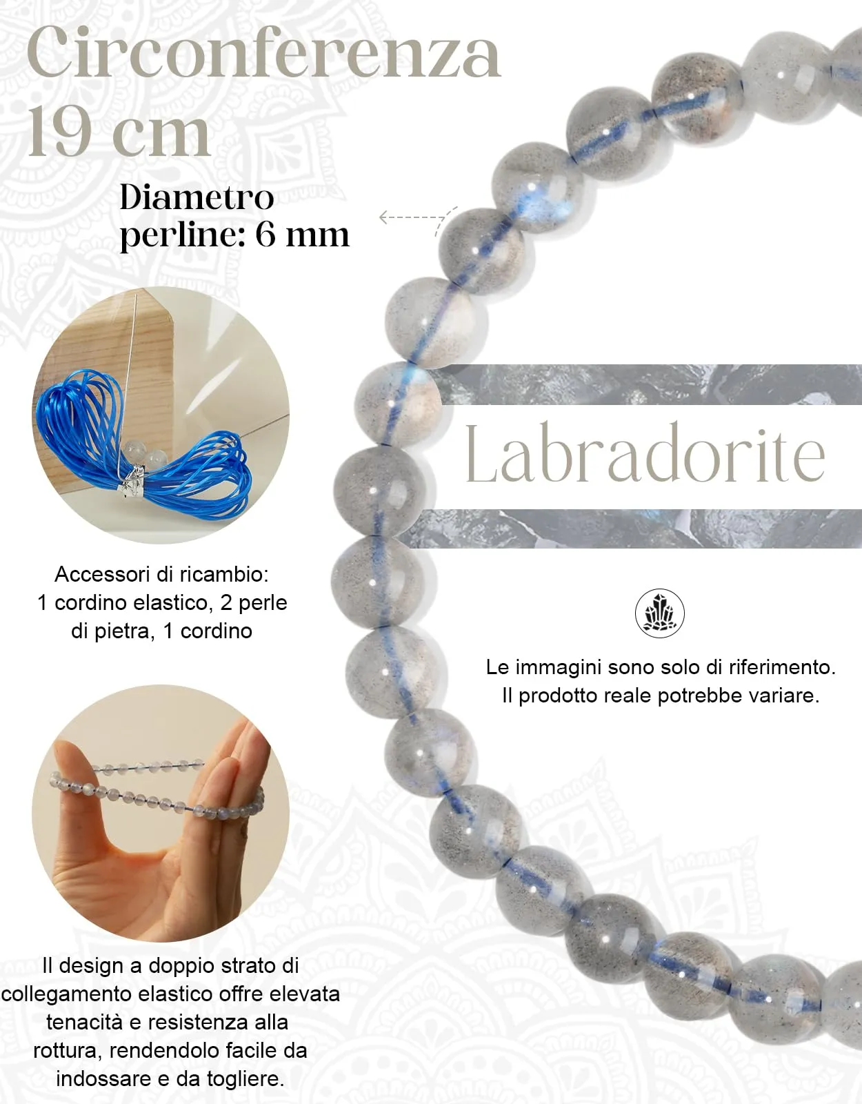 Landorilo Bracciale in Labradorite, Pietra Naturale 6 mm, 19 cm - immagine 3