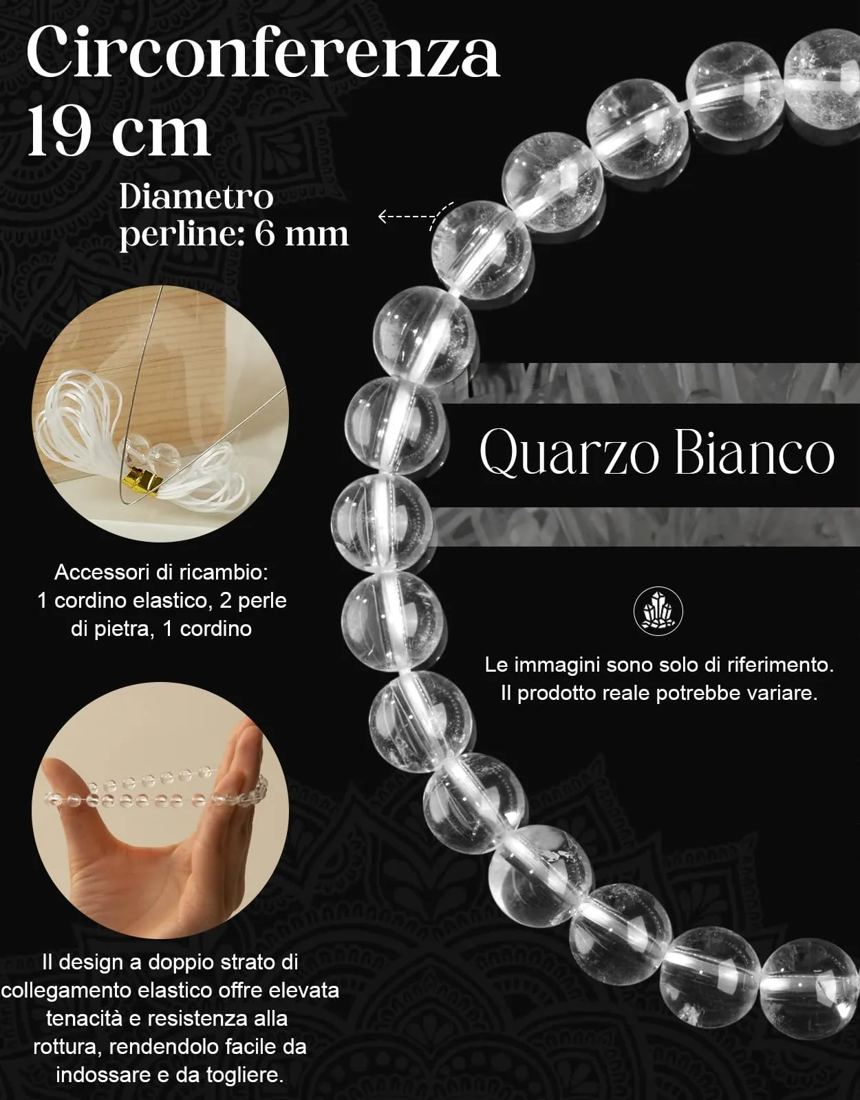 Landorilo Bracciale in Pietra Naturale Quarzo Bianco, 6 mm, 19 cm - immagine 3