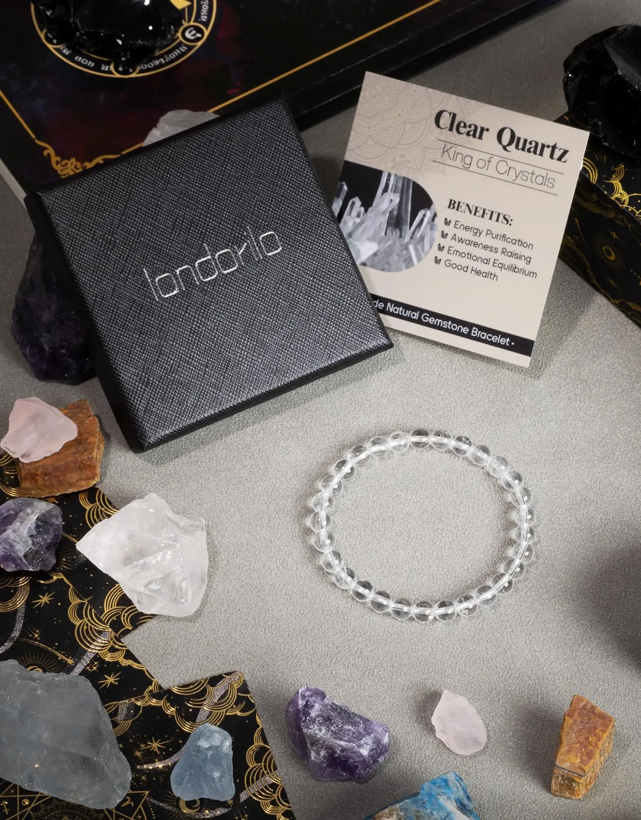 Landorilo Bracciale in Pietra Naturale Quarzo Bianco, 6 mm, 19 cm - immagine 4