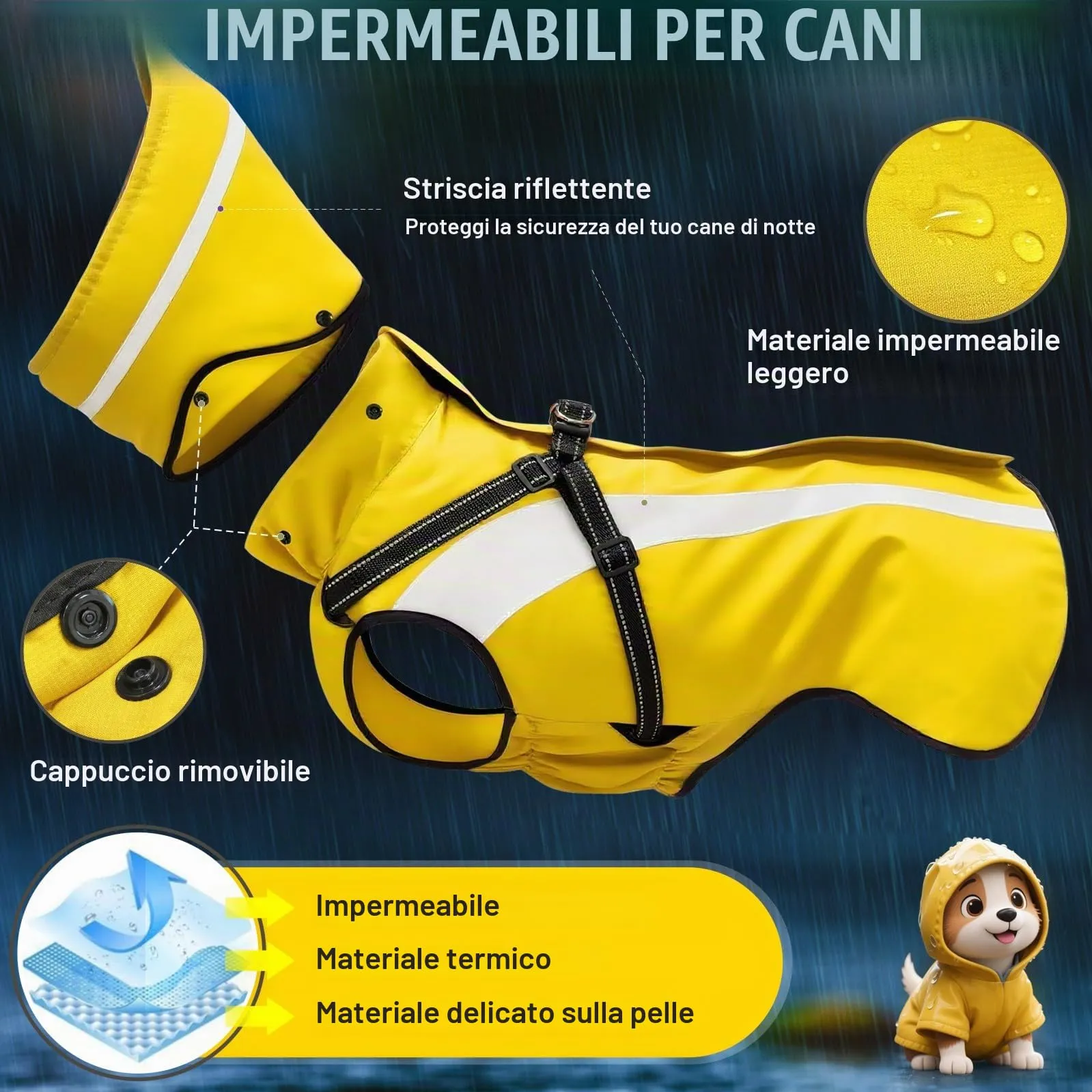 Oslueidy Impermeabile per Cani con Cappuccio Rimovibile, Giallo, S - immagine 5