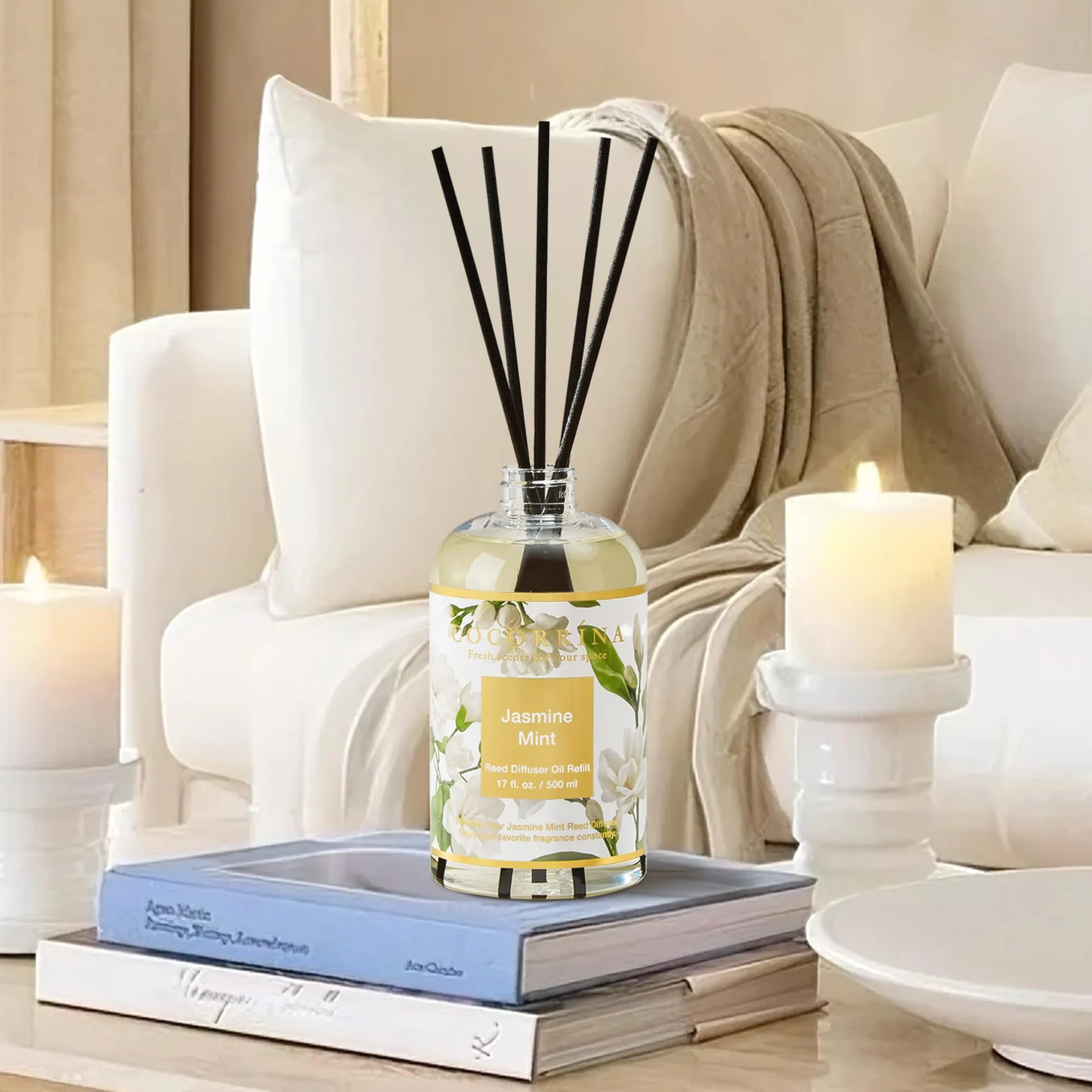 COCORRÍNA Ricarica Diffusore Ambiente Jasmine & Mint, 500ml con 8 Bastoncini - immagine 5