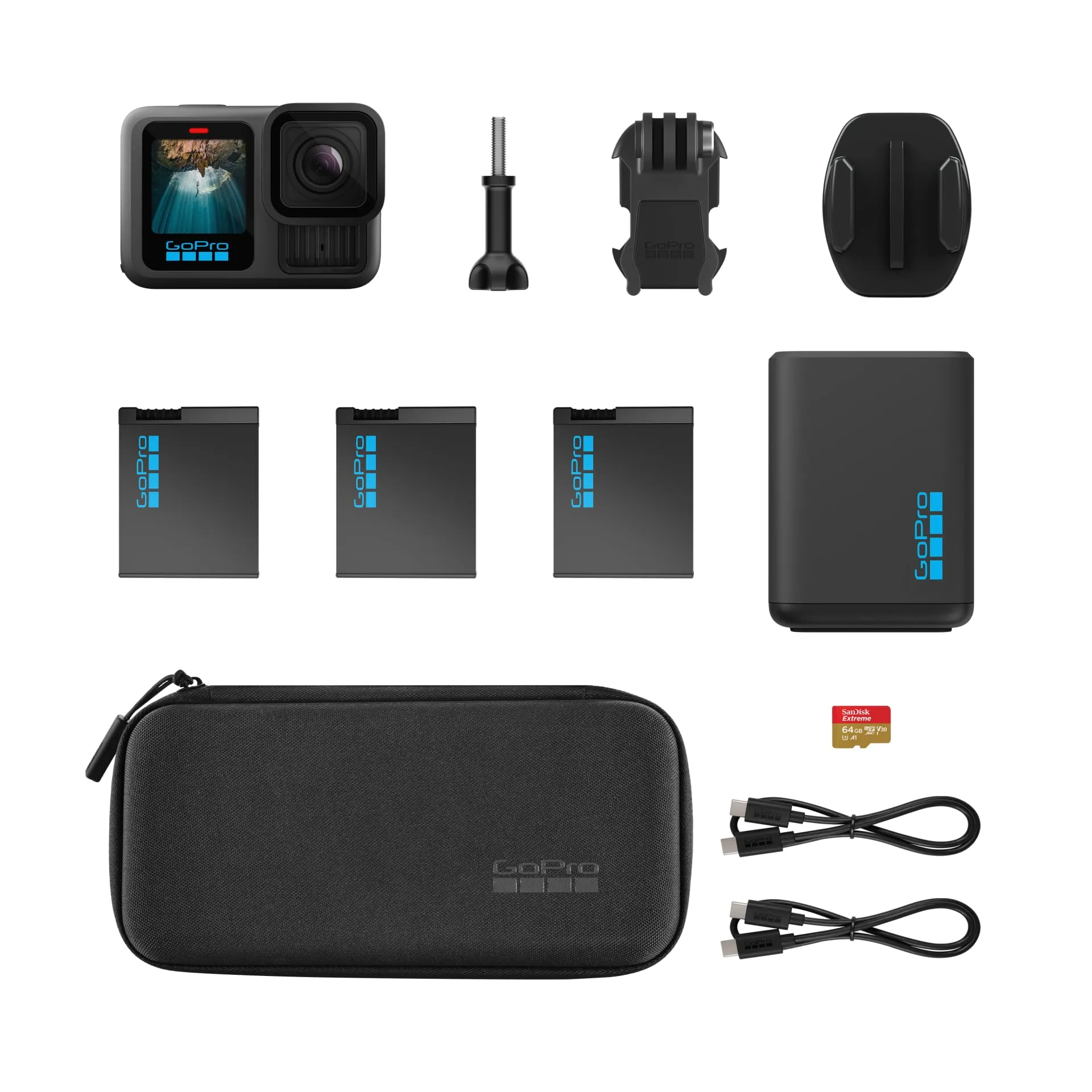 GoPro HERO13 Black Extended Power Bundle - Dual Charger, 3 Enduro Batteries, 64GB microSD Card, Curved Adhesive Mount, Camera Case - immagine 6