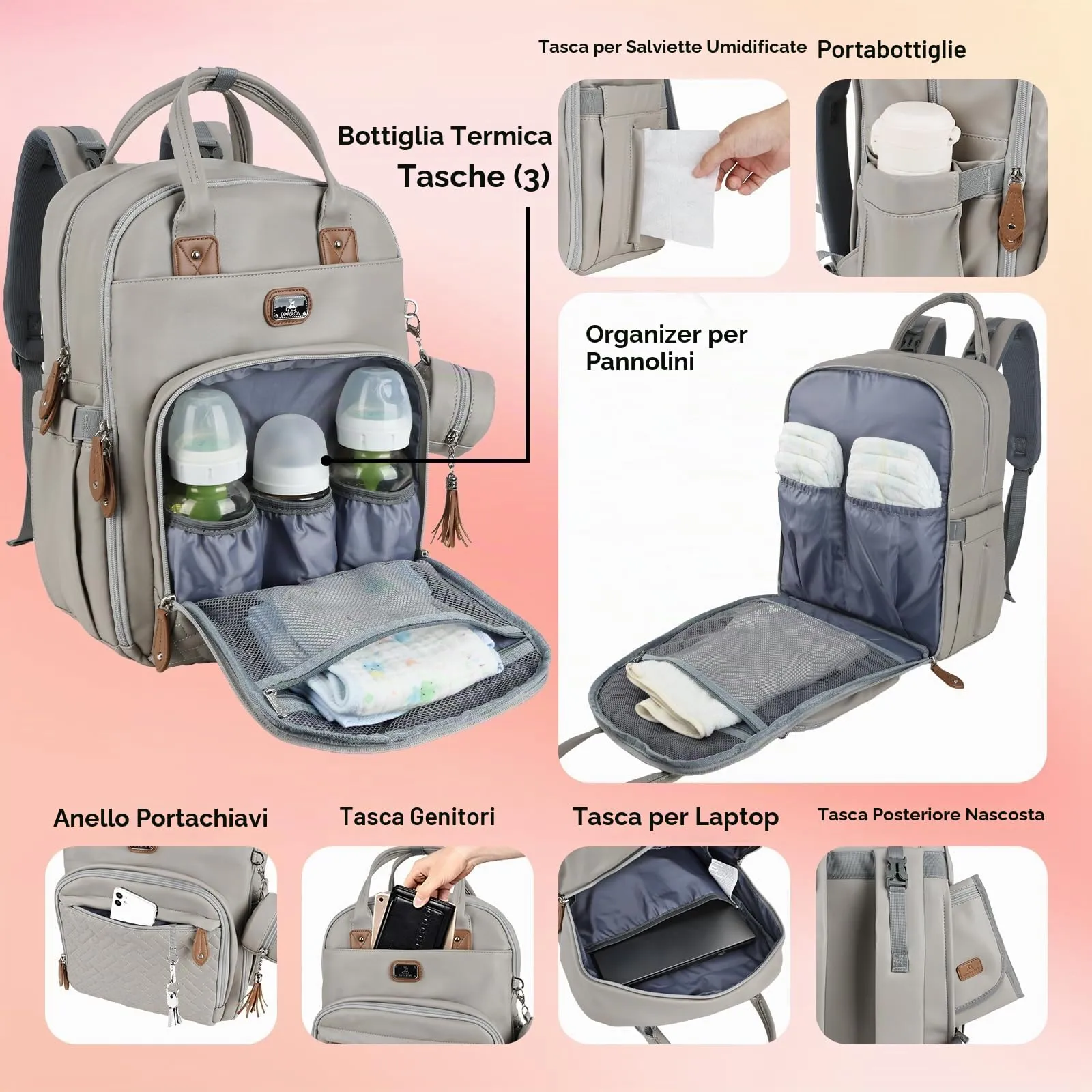 Dikaslon Zaino Borsa per Pannolini in Pelle, Set 3 Pezzi con Fasciatoio, Custodia per Ciuccio e Cinghie per Passeggino, Grigio Nebbioso - immagine 2