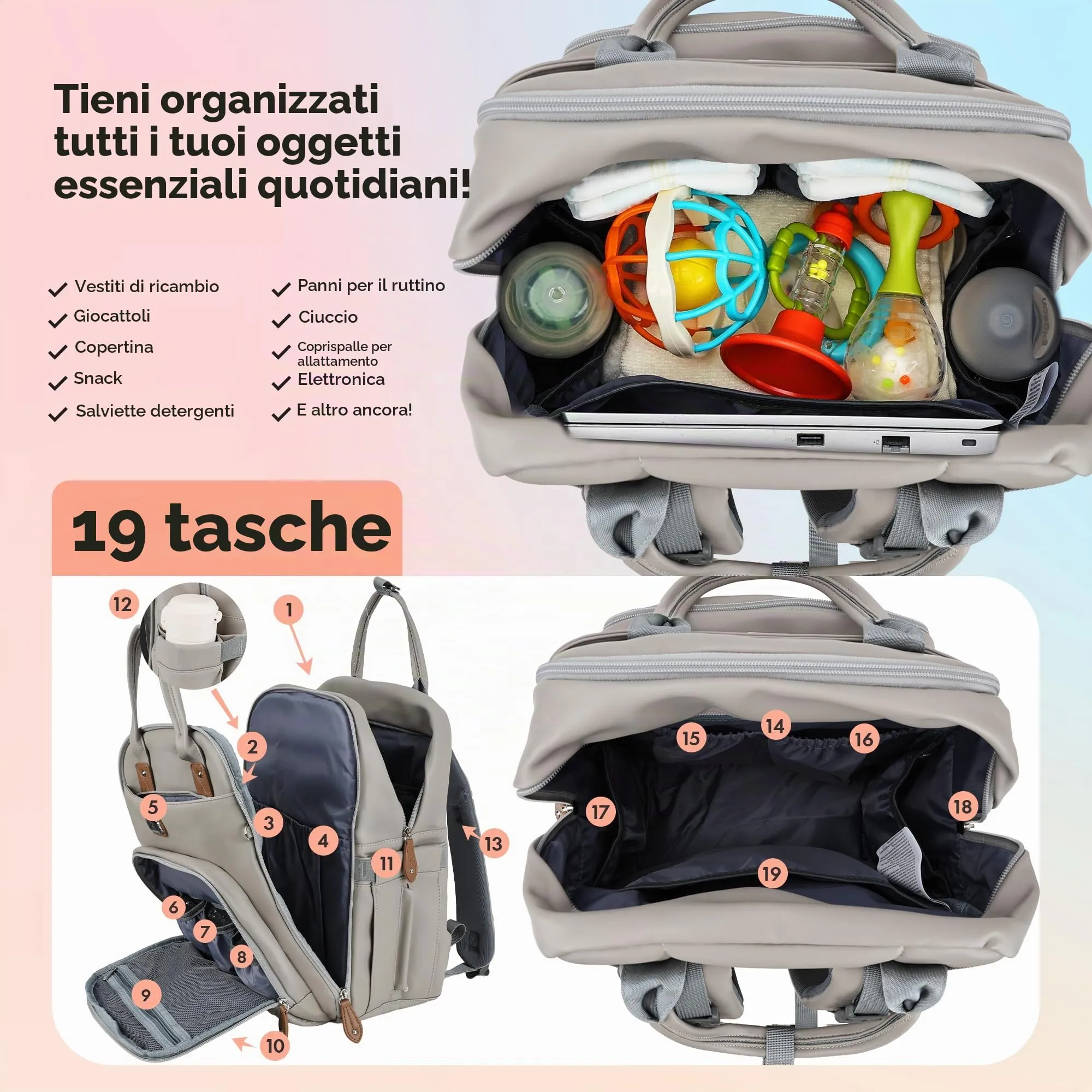 Dikaslon Zaino Borsa per Pannolini in Pelle, Set 3 Pezzi con Fasciatoio, Custodia per Ciuccio e Cinghie per Passeggino, Grigio Nebbioso - immagine 3