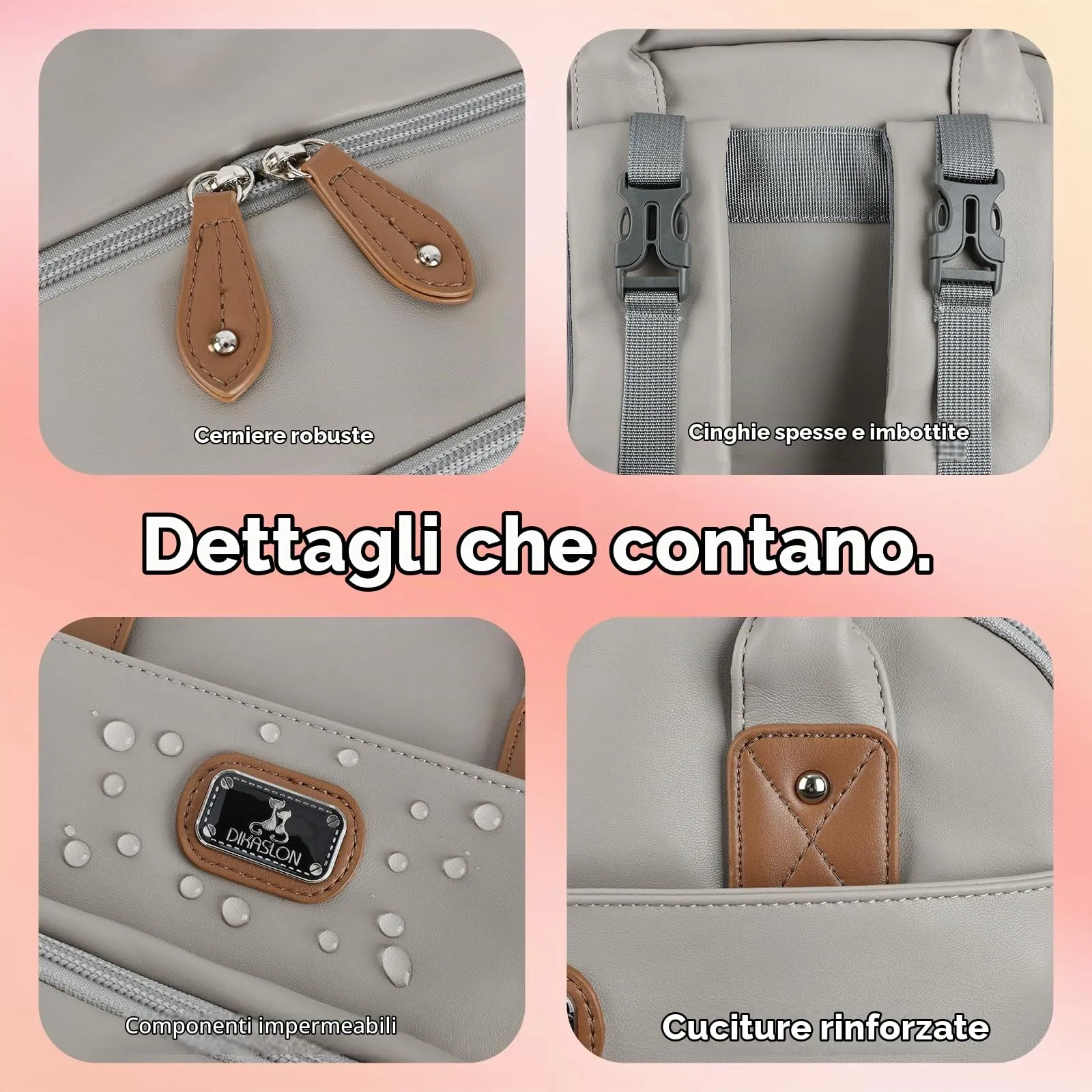 Dikaslon Zaino Borsa per Pannolini in Pelle, Set 3 Pezzi con Fasciatoio, Custodia per Ciuccio e Cinghie per Passeggino, Grigio Nebbioso - immagine 4